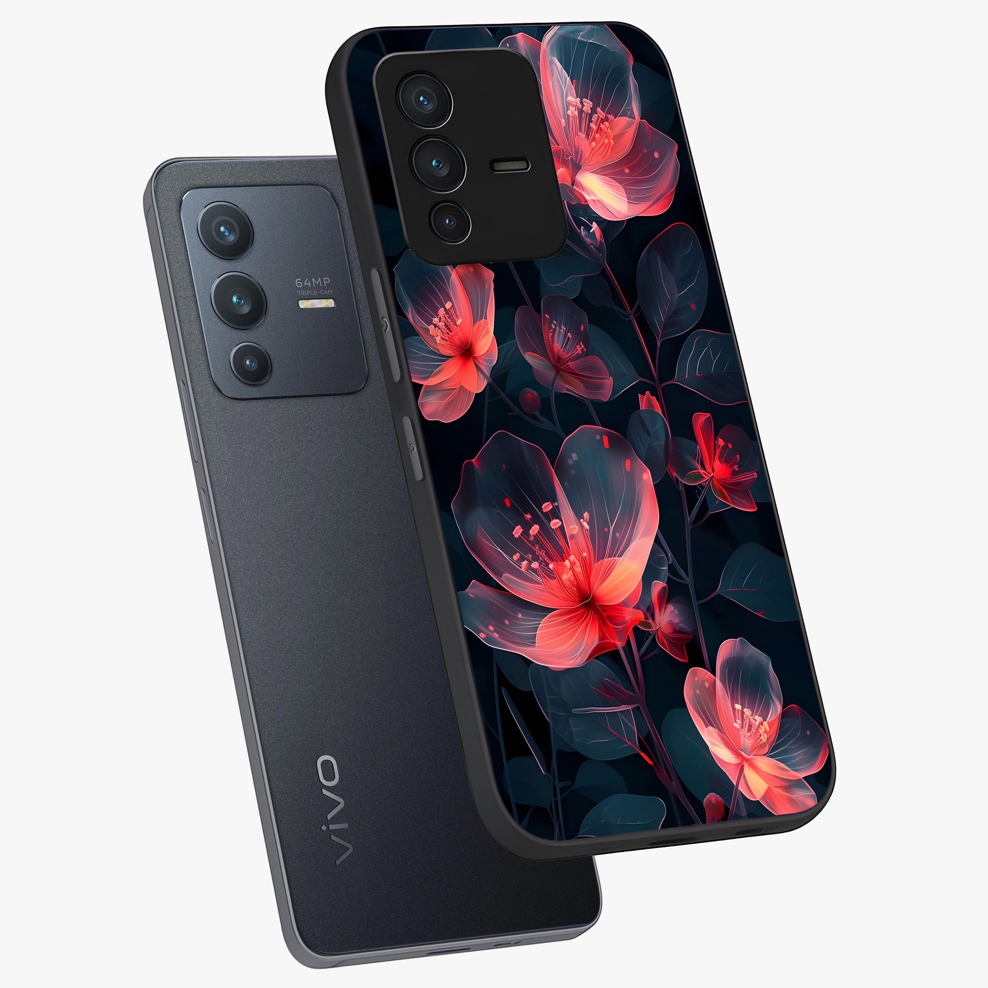 Dark Shade of Flower Glass Case displayed in angled mockup highlighting moody floral illustration with aesthetic dark tones.