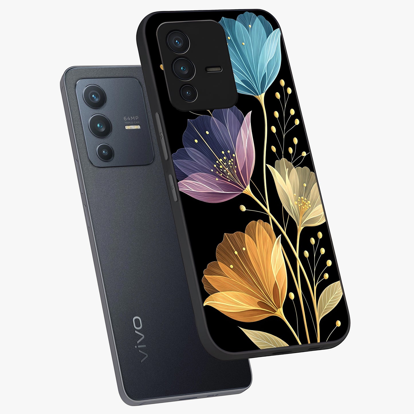 Delicate Multicolor Flowers Glass Case displayed in angled mockup highlighting colorful flower pattern with soft aesthetic style.