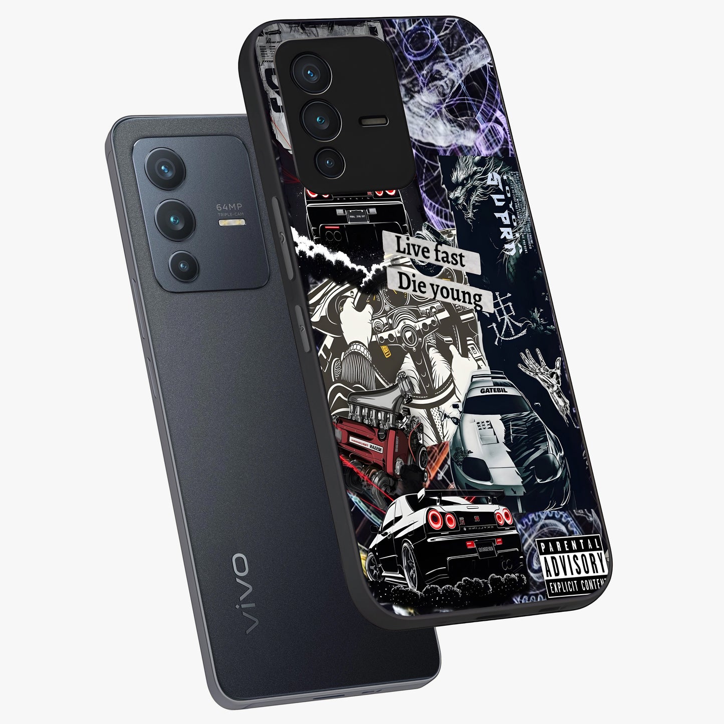 Die Young Glass Case displayed in angled mockup highlighting expressive graphic artwork with edgy aesthetic style.