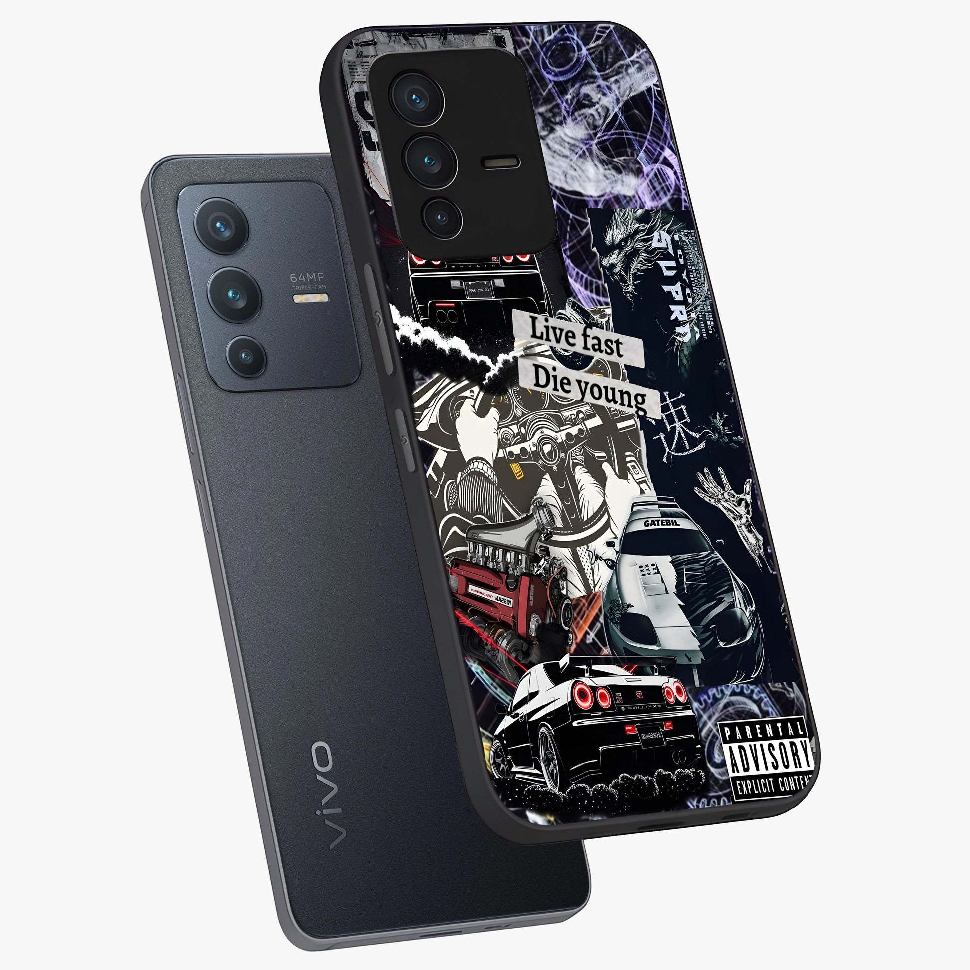 Die Young Glass Case displayed in angled mockup highlighting expressive graphic artwork with edgy aesthetic style.