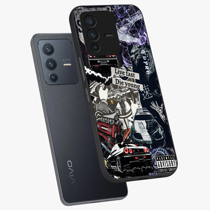 Die Young Glass Case displayed in angled mockup highlighting expressive graphic artwork with edgy aesthetic style.