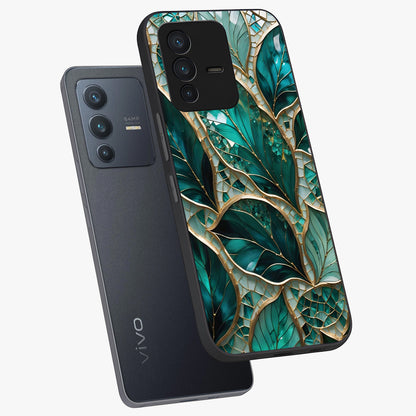 Emerald Leaf Glass Glass Case displayed in angled mockup highlighting botanical leaf illustration with elegant natural aesthetic.