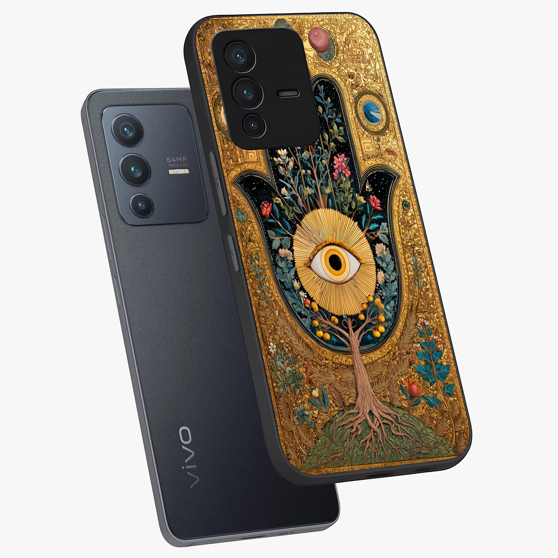 Ethereal Evil Eye Glass Case displayed in angled mockup highlighting protective evil eye symbol with spiritual aesthetic design.