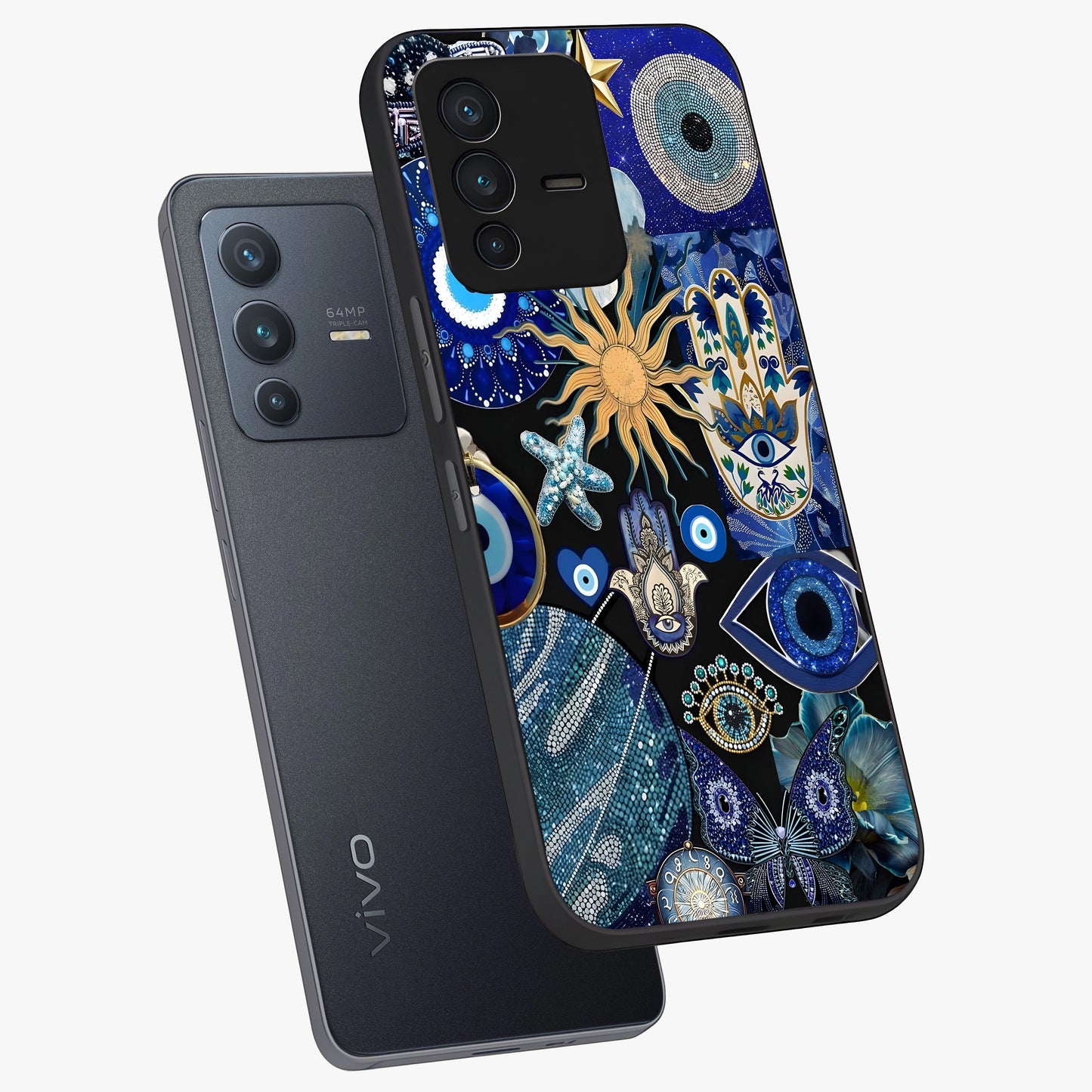 Evil Eye Charm Mix Glass Case displayed in angled mockup highlighting protective evil eye symbols with spiritual aesthetic design.