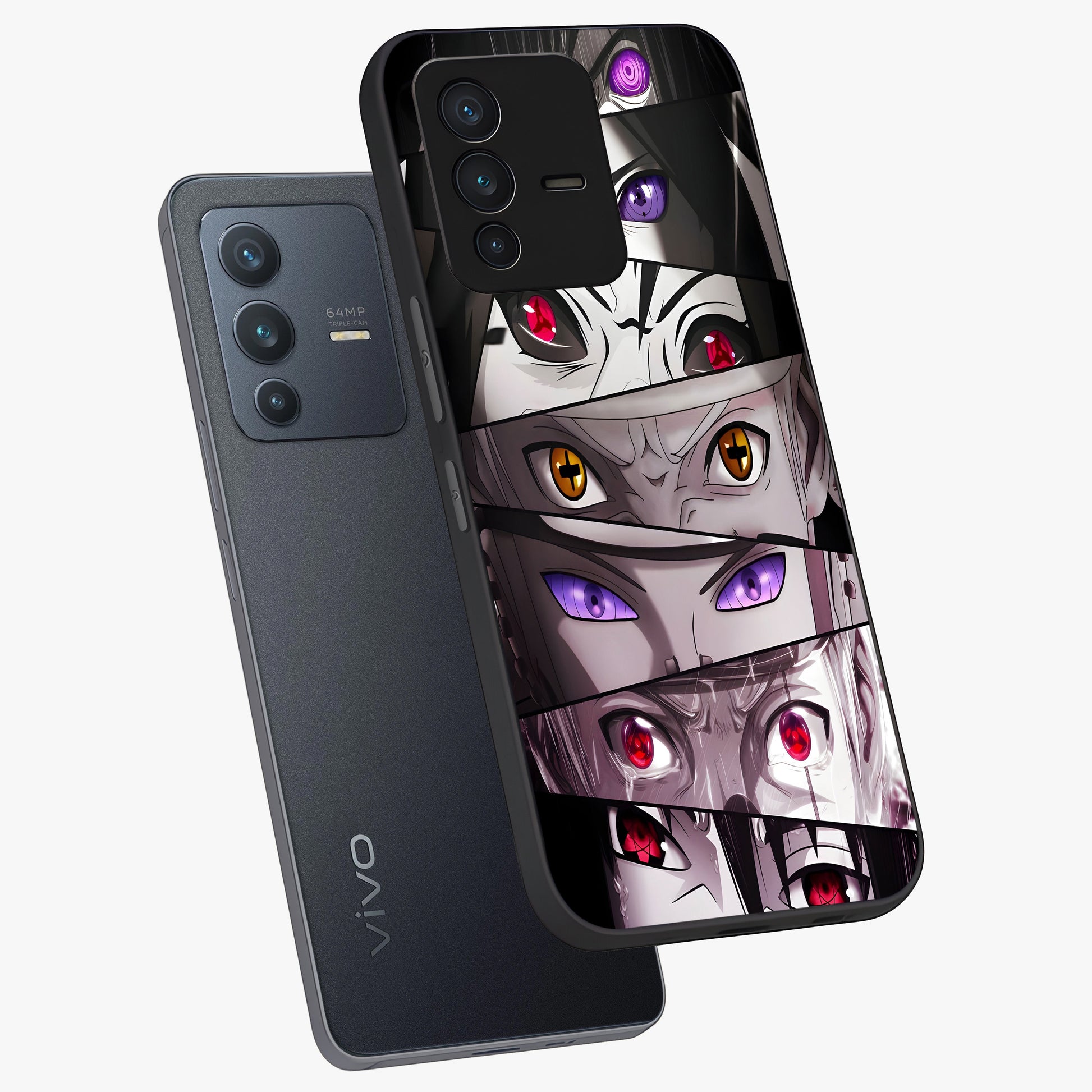 Eyes of Destiny Glass Case displayed in angled mockup highlighting bold eye illustration with mystical aesthetic style.
