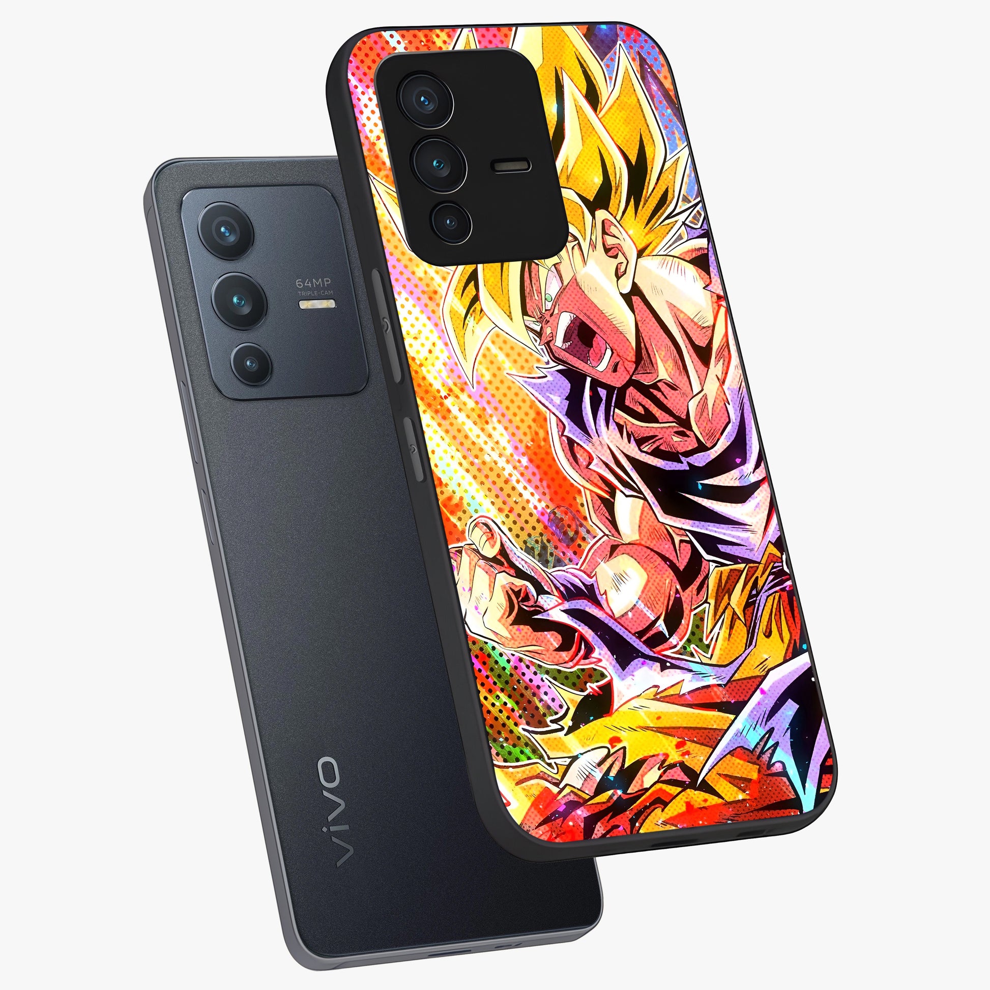 Firing Goku Glass Case displayed in angled mockup highlighting dynamic anime character design with action aesthetic.