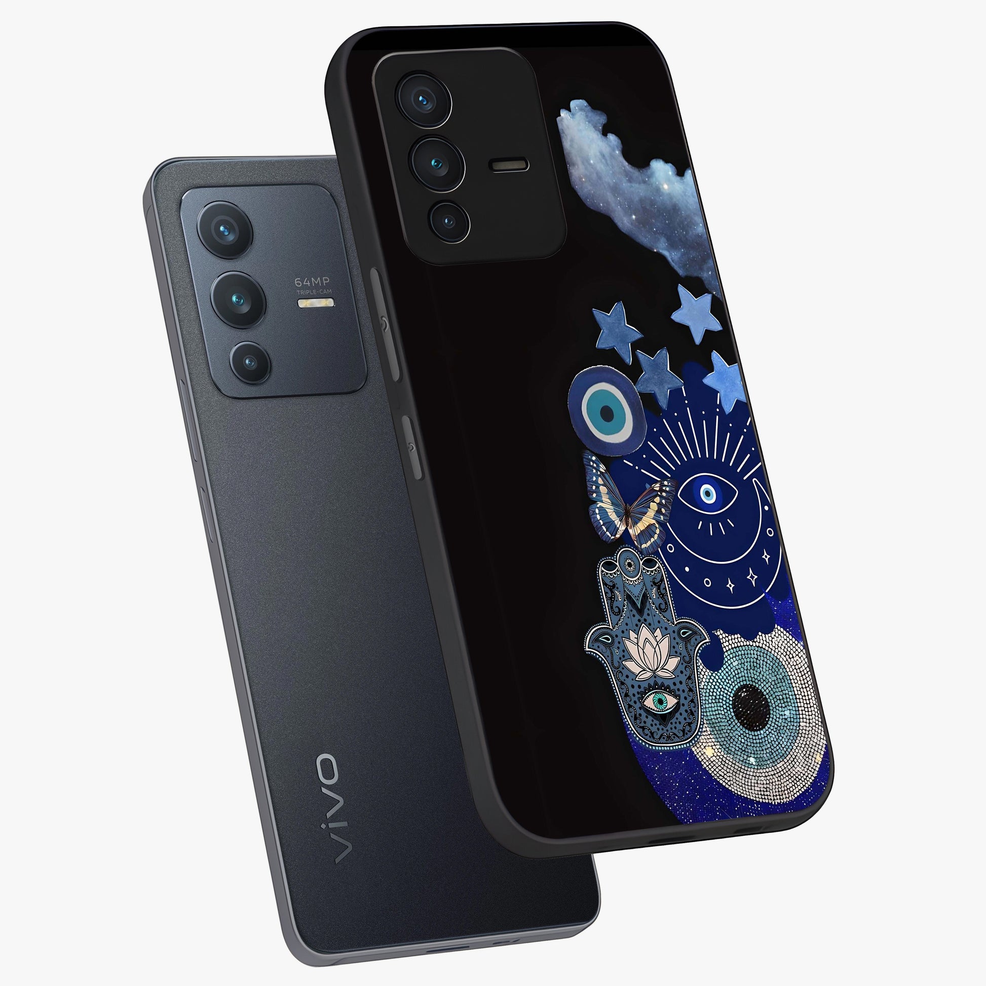 Galactic Charm Cluster Glass Case displayed in angled mockup highlighting luminous galaxy inspired design with dreamy aesthetic.