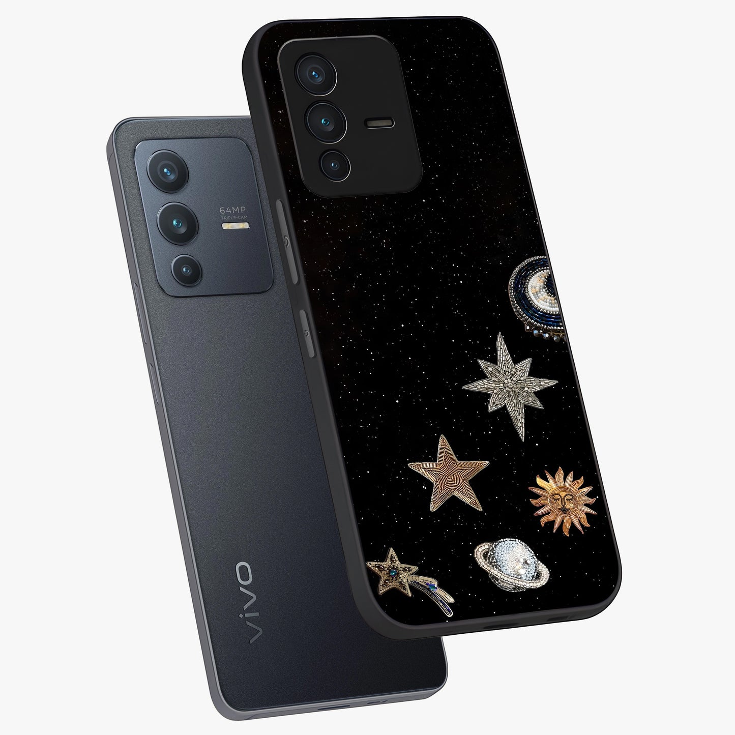 Galactic Charm Glow Glass Case displayed in angled mockup highlighting luminous galaxy inspired design with dreamy aesthetic.
