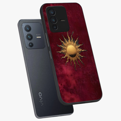 Golden Sun Minimalism Glass Case displayed in angled mockup highlighting clean sun symbol design with modern minimal aesthetic.