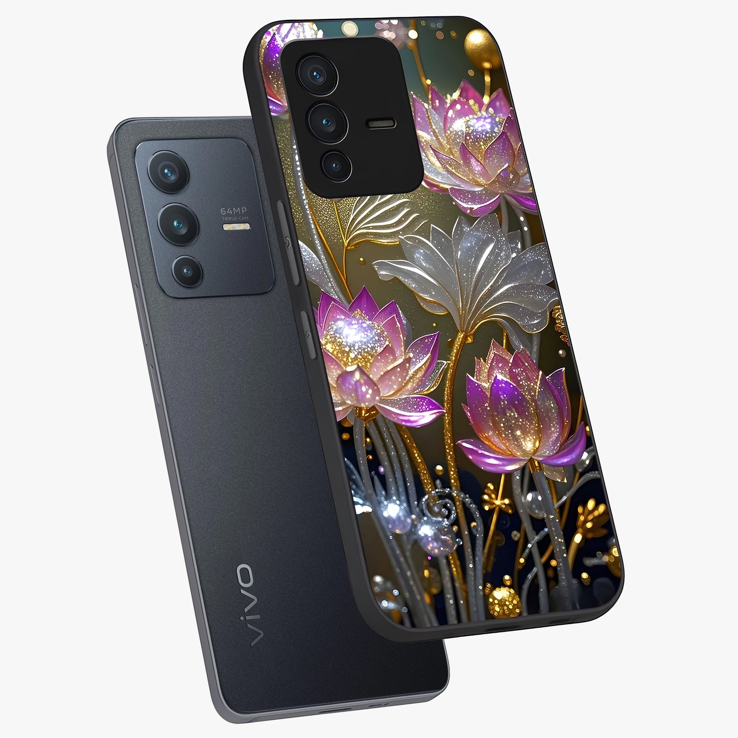 Golden Floral Majesty Glass Case displayed in angled mockup highlighting elegant flower design with royal golden aesthetic.
