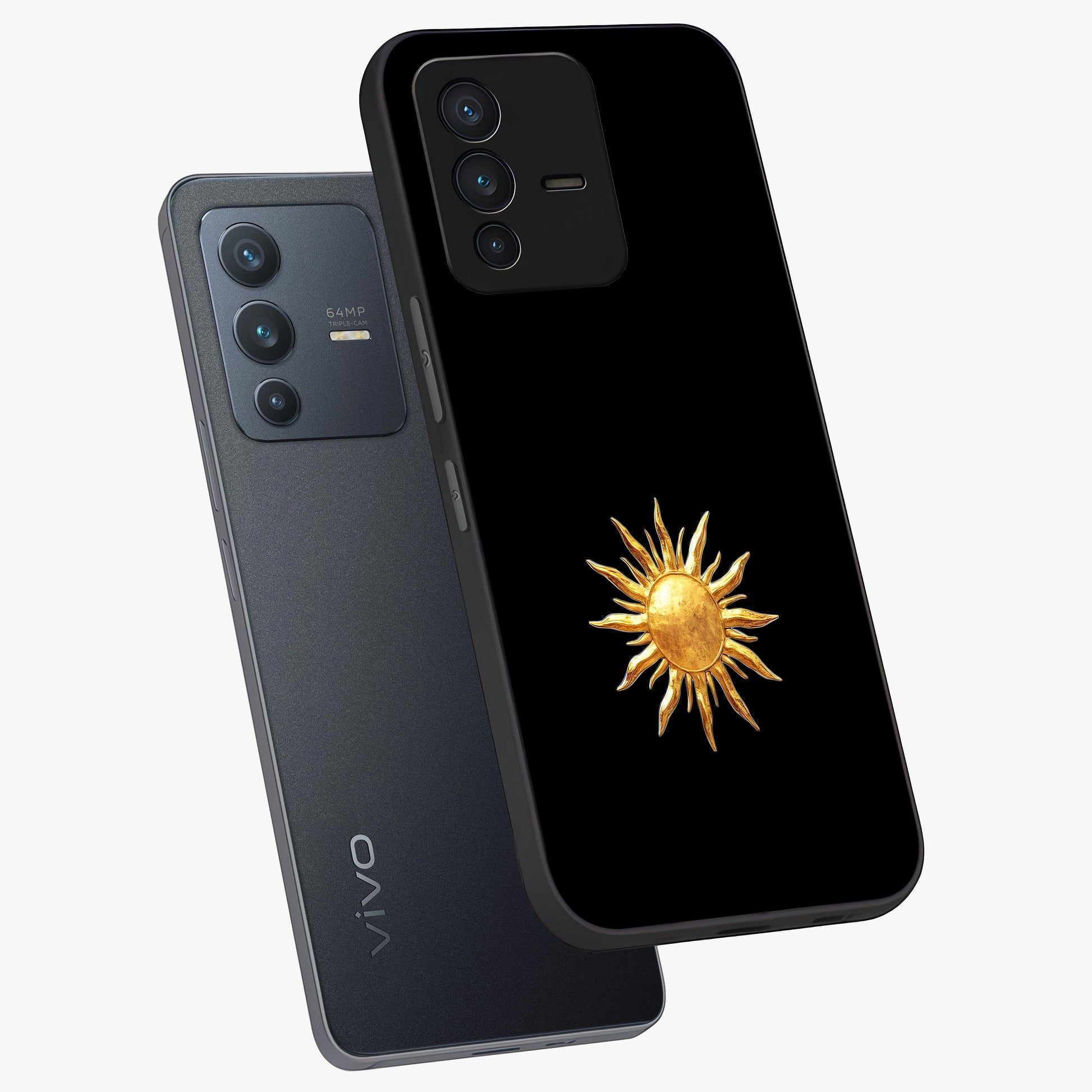 Golden Sun Minimalism Glass Case displayed in angled mockup highlighting eerie shadow illustration with gothic aesthetic.