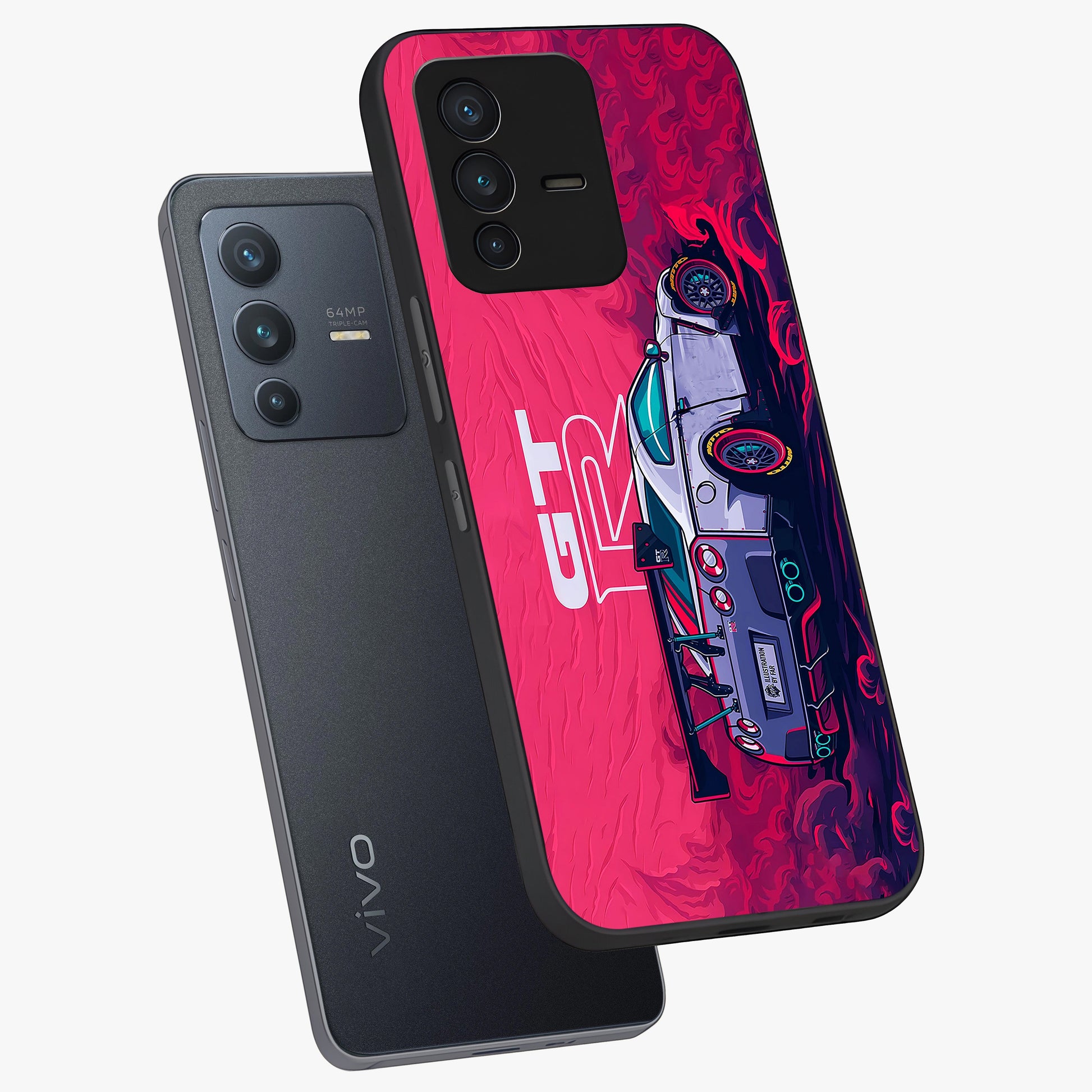 GT-R Car Pattern Glass Case displayed in angled mockup highlighting racing car graphic design with bold automotive aesthetic.