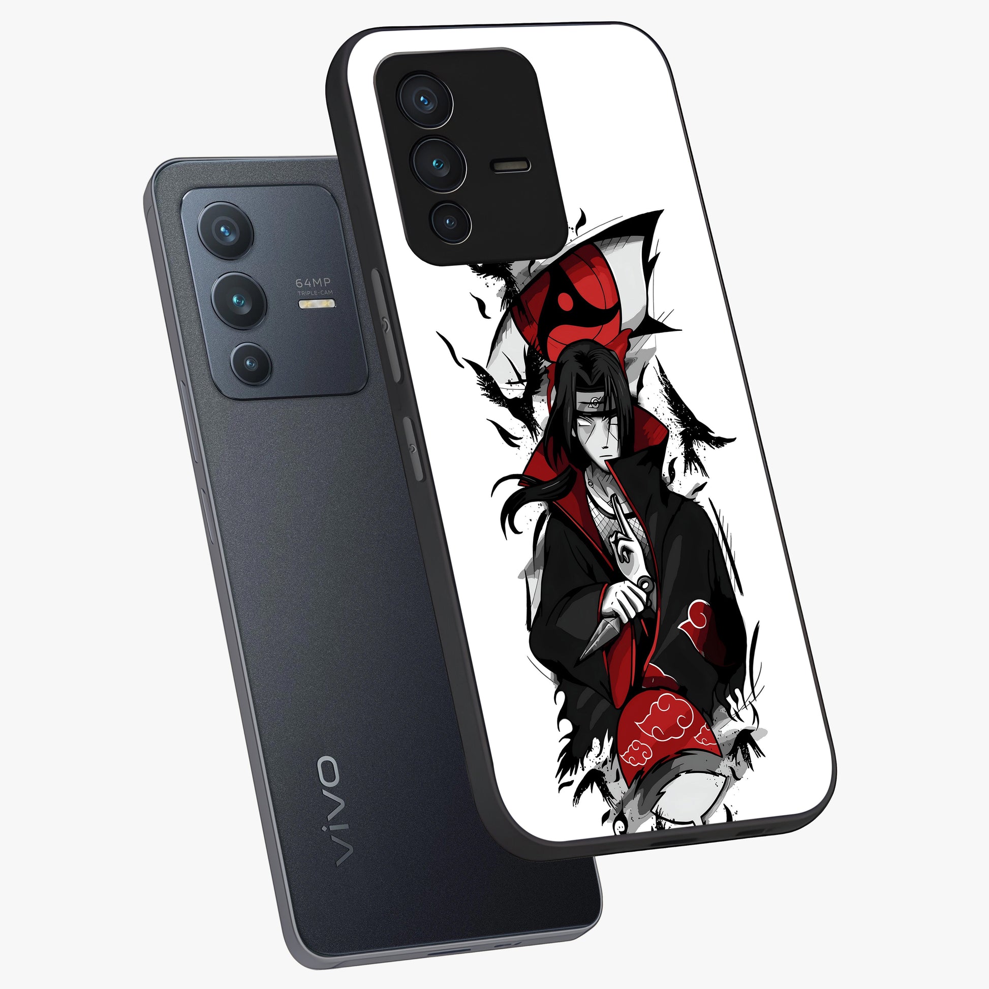 Itachi Limited Edition Naruto Anime Glass Case displayed in angled mockup highlighting dramatic anime illustration with bold action aesthetic.