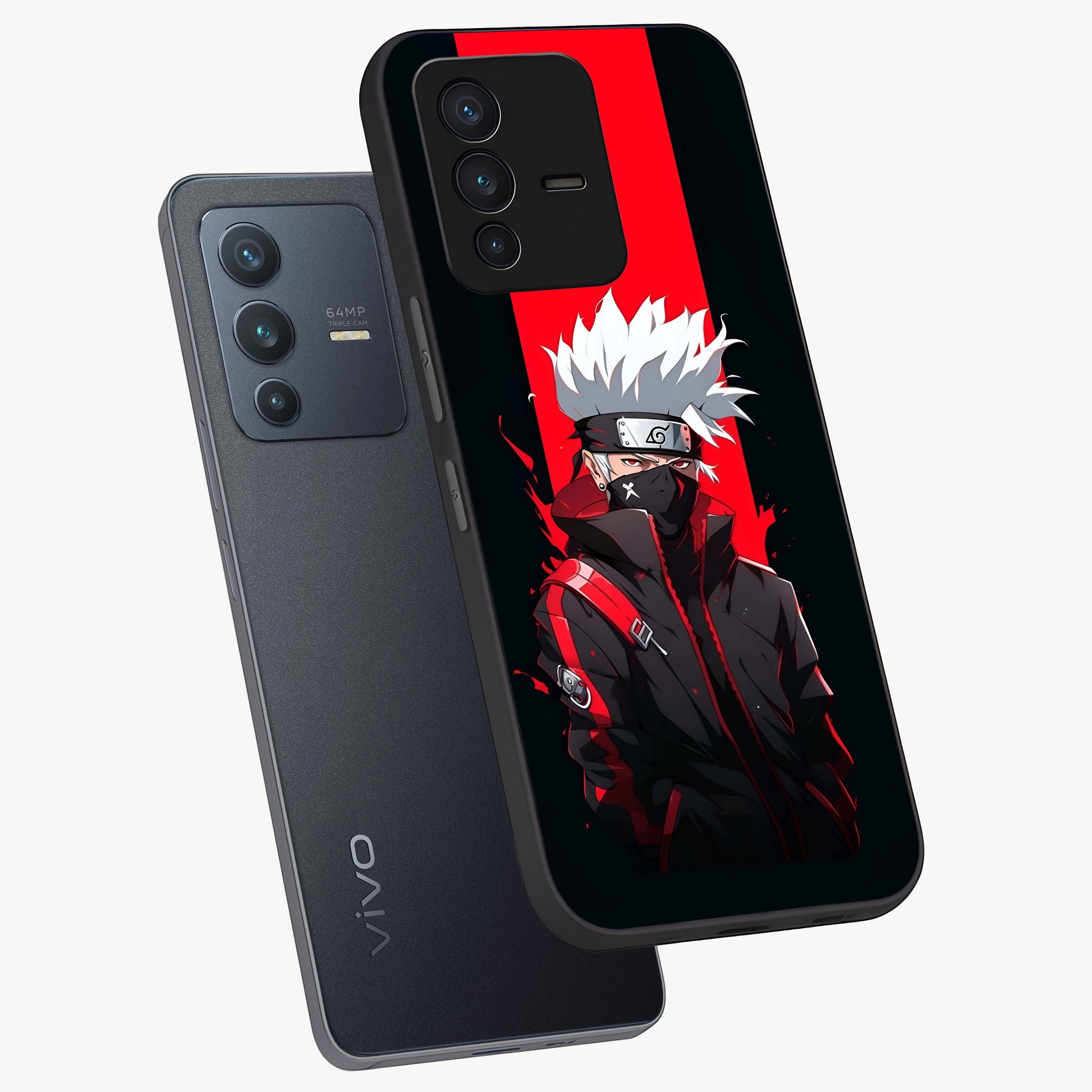 Kakashi Scarlet Shadow Glass Case displayed in angled mockup highlighting dramatic ninja illustration with scarlet themed aesthetic.