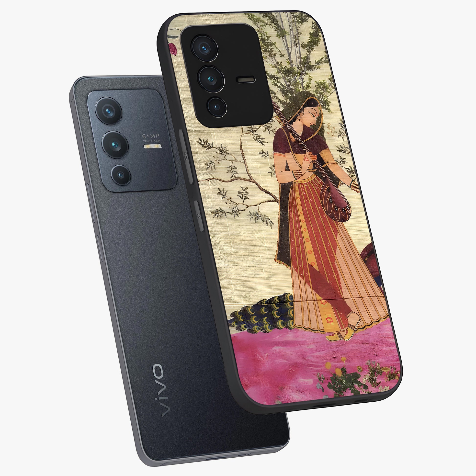 Lady With Veena Art Glass Case displayed in angled mockup highlighting graceful musical illustration with cultural artistic aesthetic.