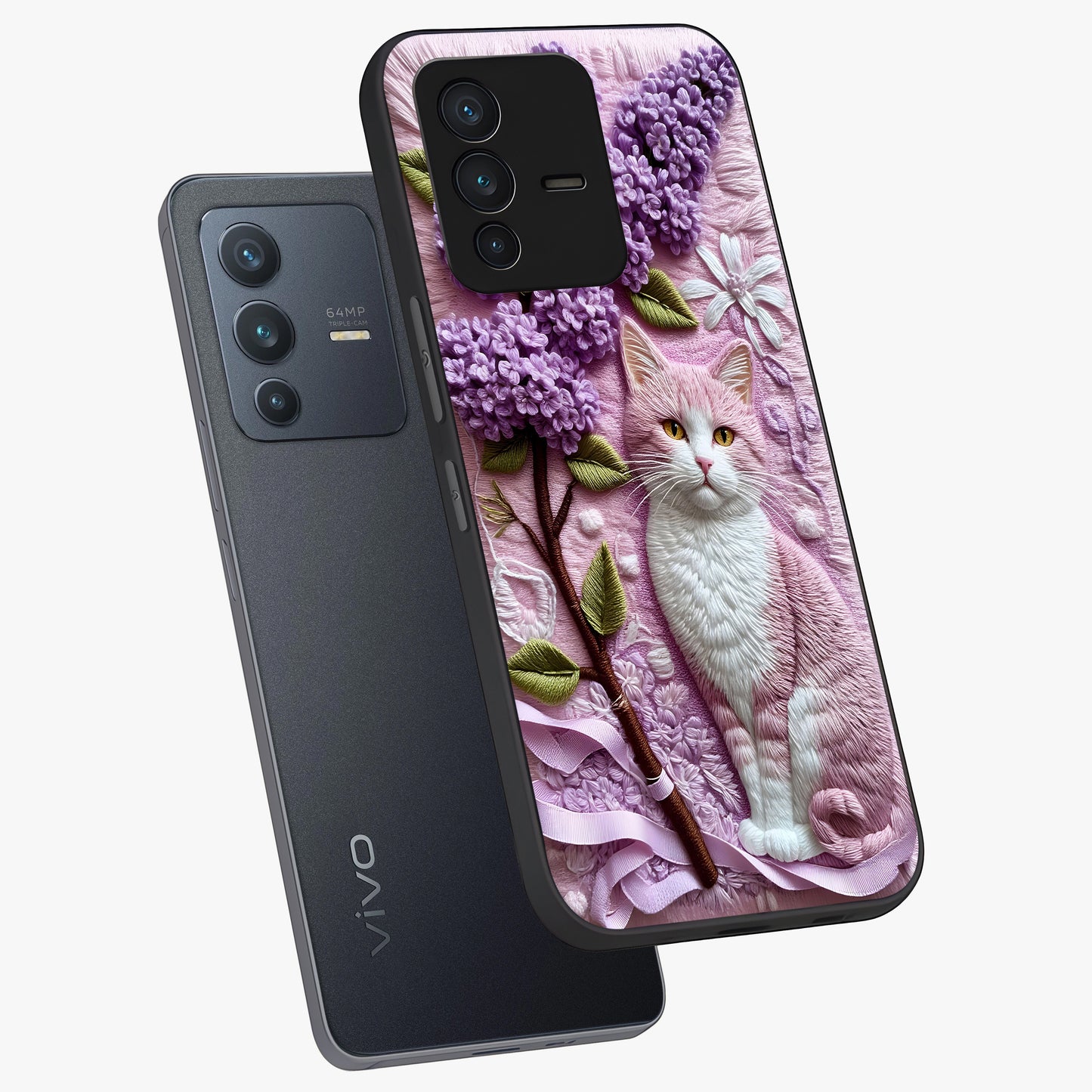 Lavender Cat Whimsy Glass Case displayed in angled mockup highlighting playful feline illustration with pastel lavender aesthetic.