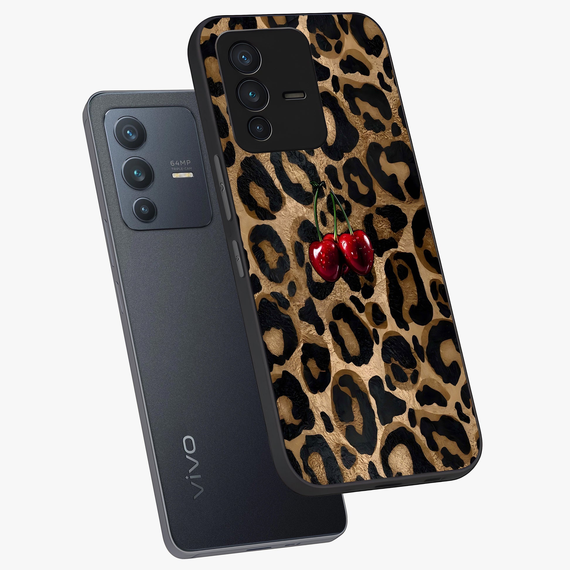 Leopard Wild Cherry Glass Case displayed in angled mockup highlighting bold animal print design with playful cherry aesthetic.