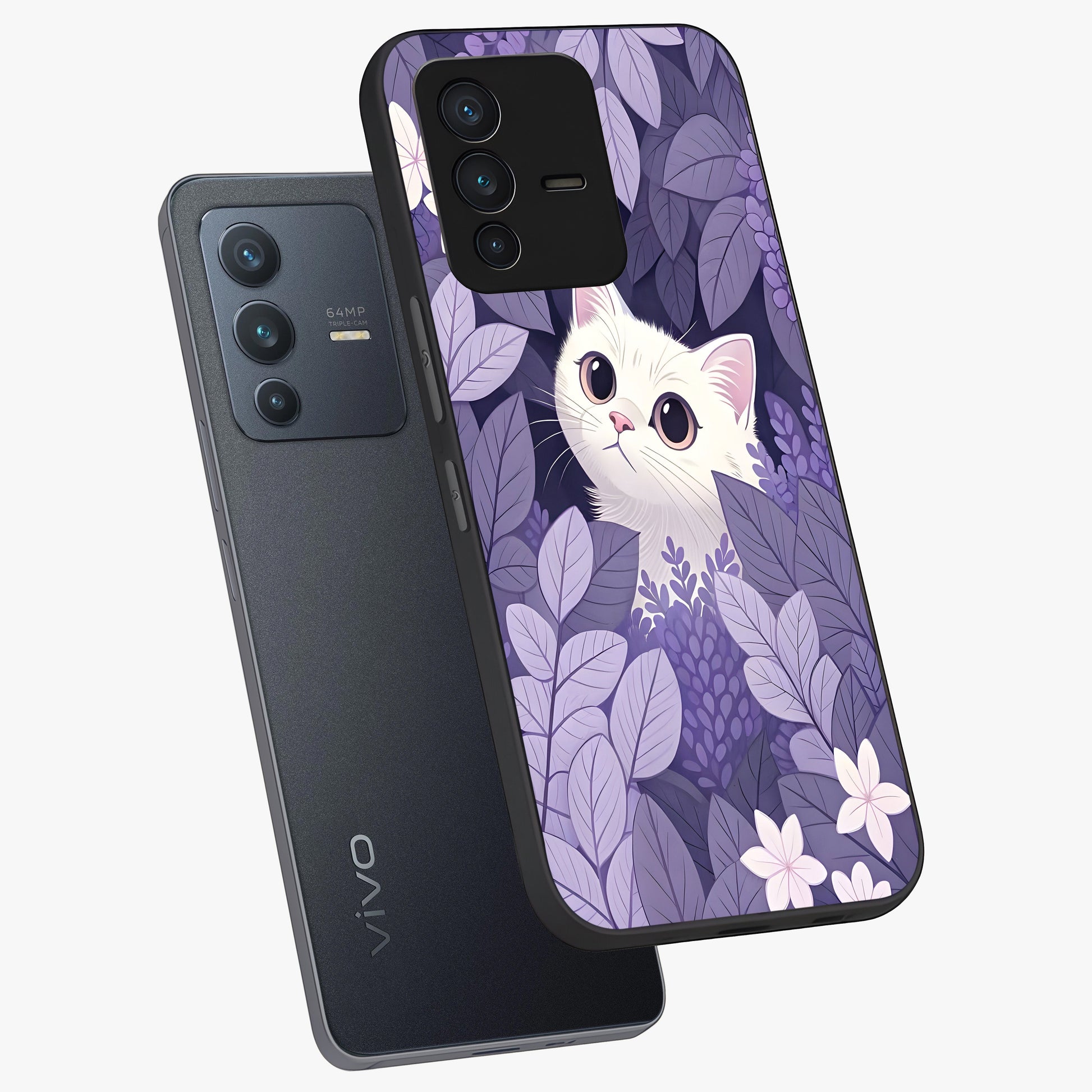 Lilac Hide Peek Cat Glass Case displayed in angled mockup highlighting playful feline illustration with lilac aesthetic design.