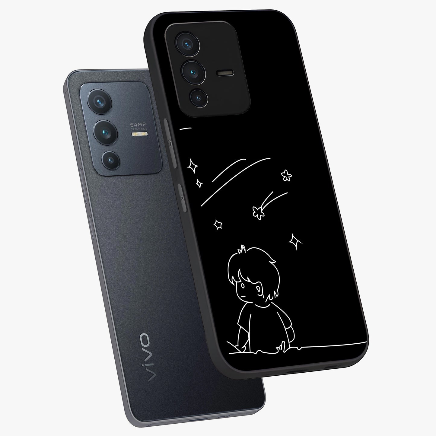 Line Art Boy With Shooting Stars Glass Case displayed in angled mockup highlighting elegant line art design with dreamy star aesthetic.