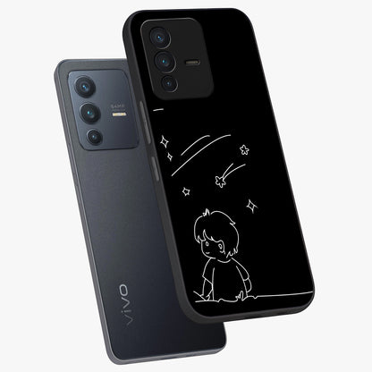 Line Art Boy With Shooting Stars Glass Case displayed in angled mockup highlighting elegant line art design with dreamy star aesthetic.
