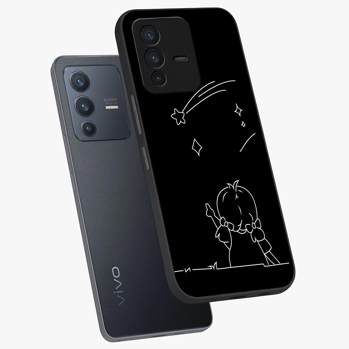 Line Art Girl With Shooting Stars Glass Case displayed in angled mockup highlighting elegant line art design with dreamy star aesthetic.