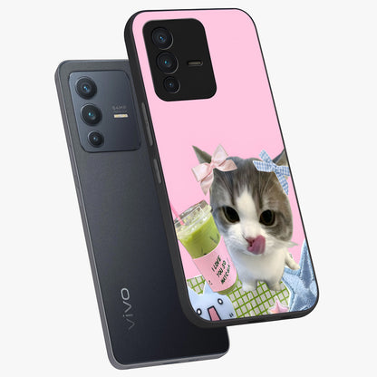 Love Matcha Cat Glass Case displayed in angled mockup highlighting playful feline illustration with cozy matcha aesthetic.