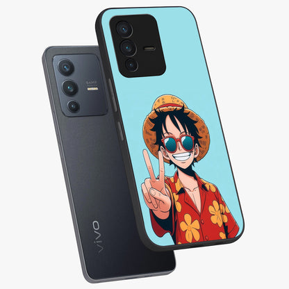 Luffy Summer Anime Vibe Glass Case displayed in angled mockup highlighting energetic anime illustration with summer vibe aesthetic.