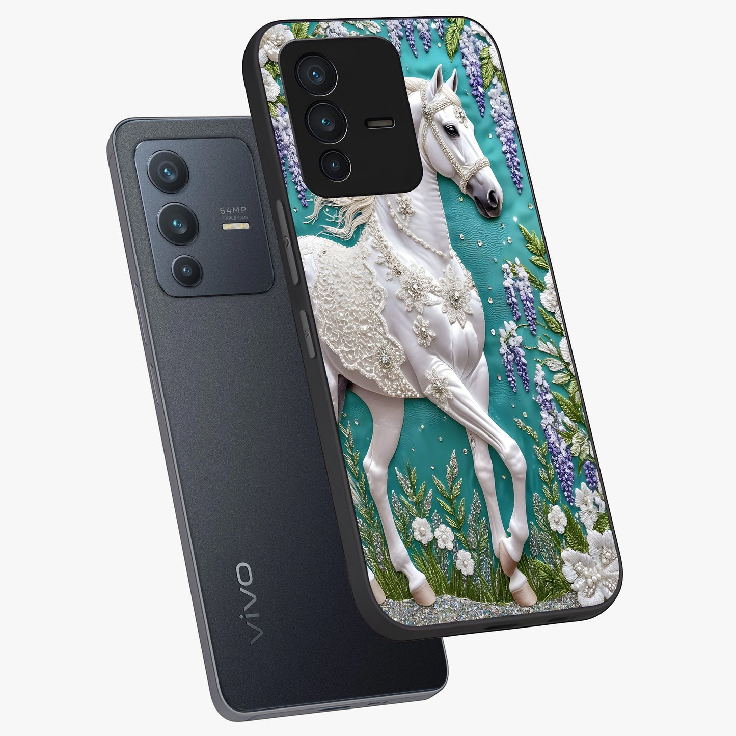 Majestic Floral Stallion Glass Case displayed in angled mockup highlighting majestic stallion illustration with elegant floral aesthetic.