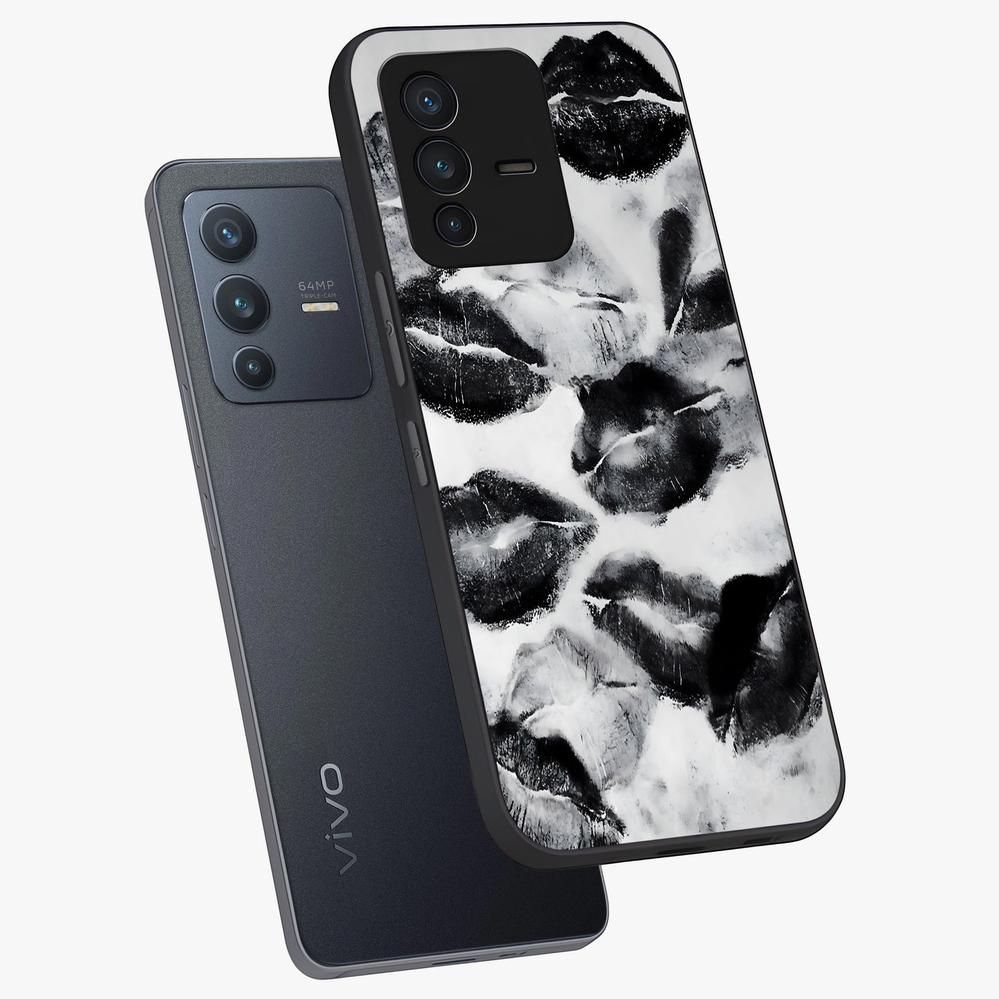 Midnight Kiss Marks Glass Case displayed in angled mockup highlighting playful romantic design with bold midnight aesthetic.