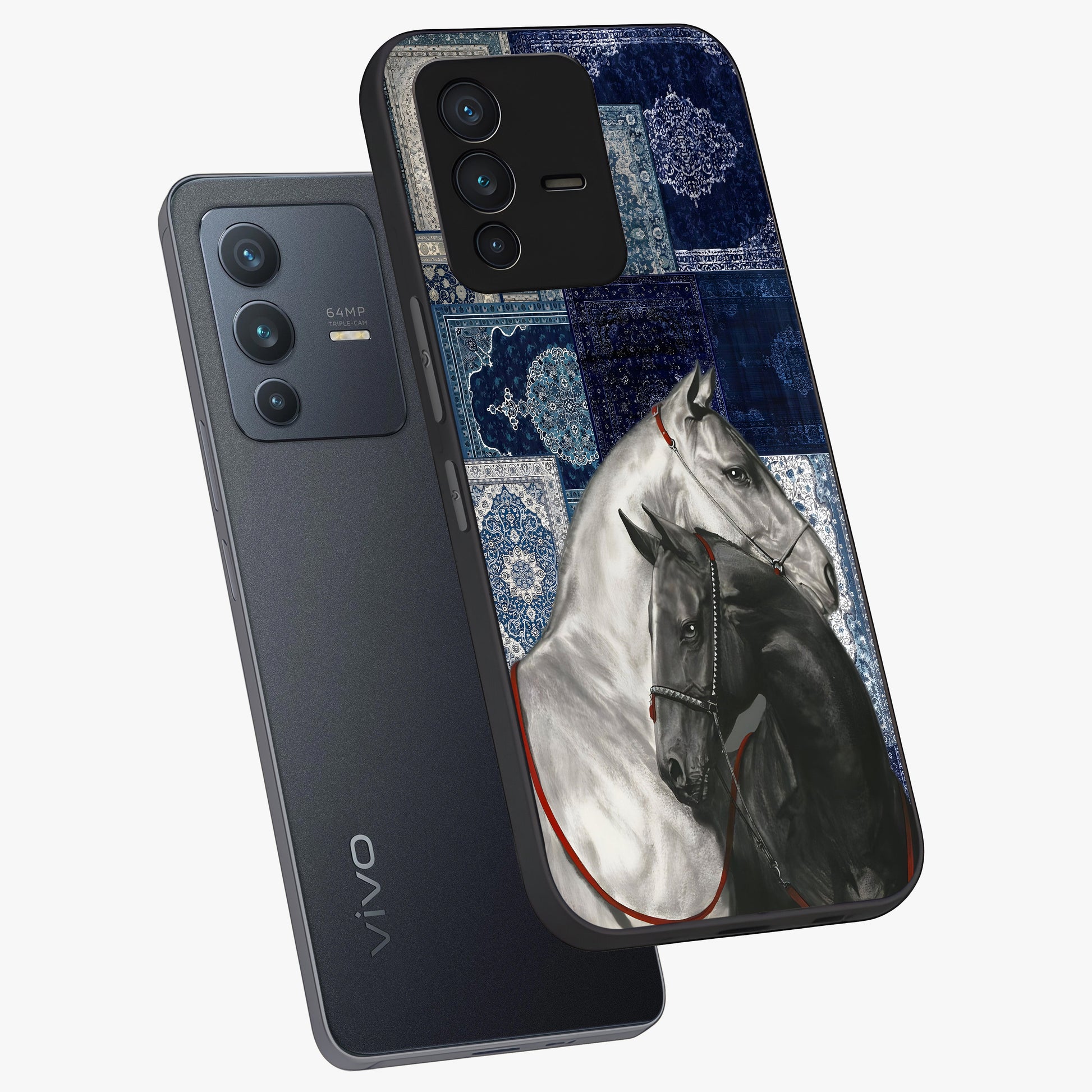 Midnight Stallion Blues Glass Case displayed in angled mockup highlighting powerful stallion illustration with deep midnight tones.
