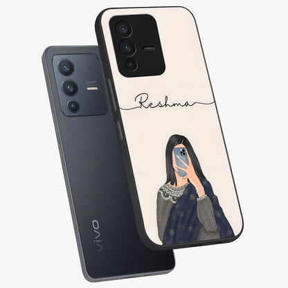 Mirror Mood Muse With Custom Name Glass Case displayed in angled mockup highlighting aesthetic mirror inspired design with custom name feature.