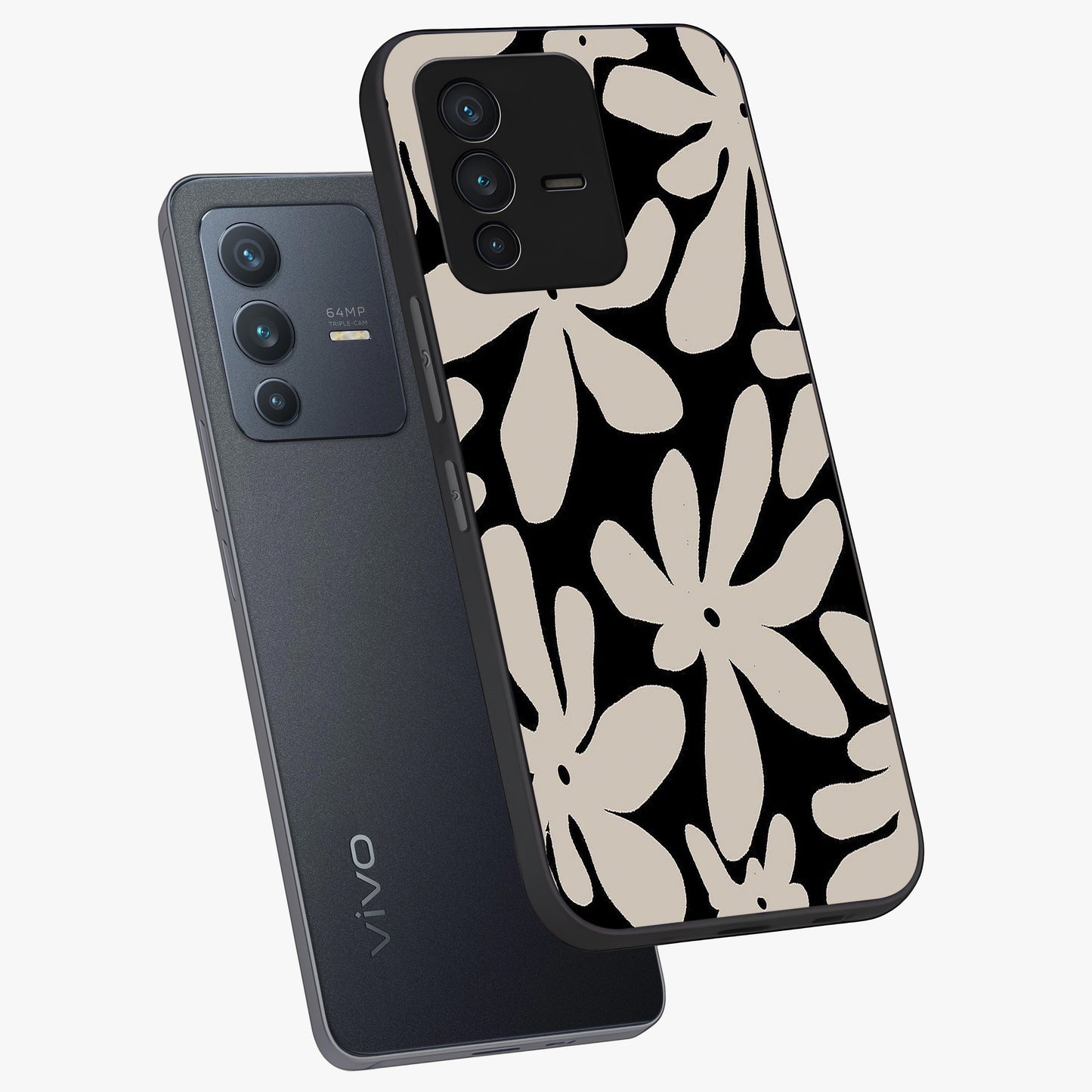 Monochrome Petal Dance Glass Case displayed in angled mockup highlighting elegant petal design with black and white aesthetic.