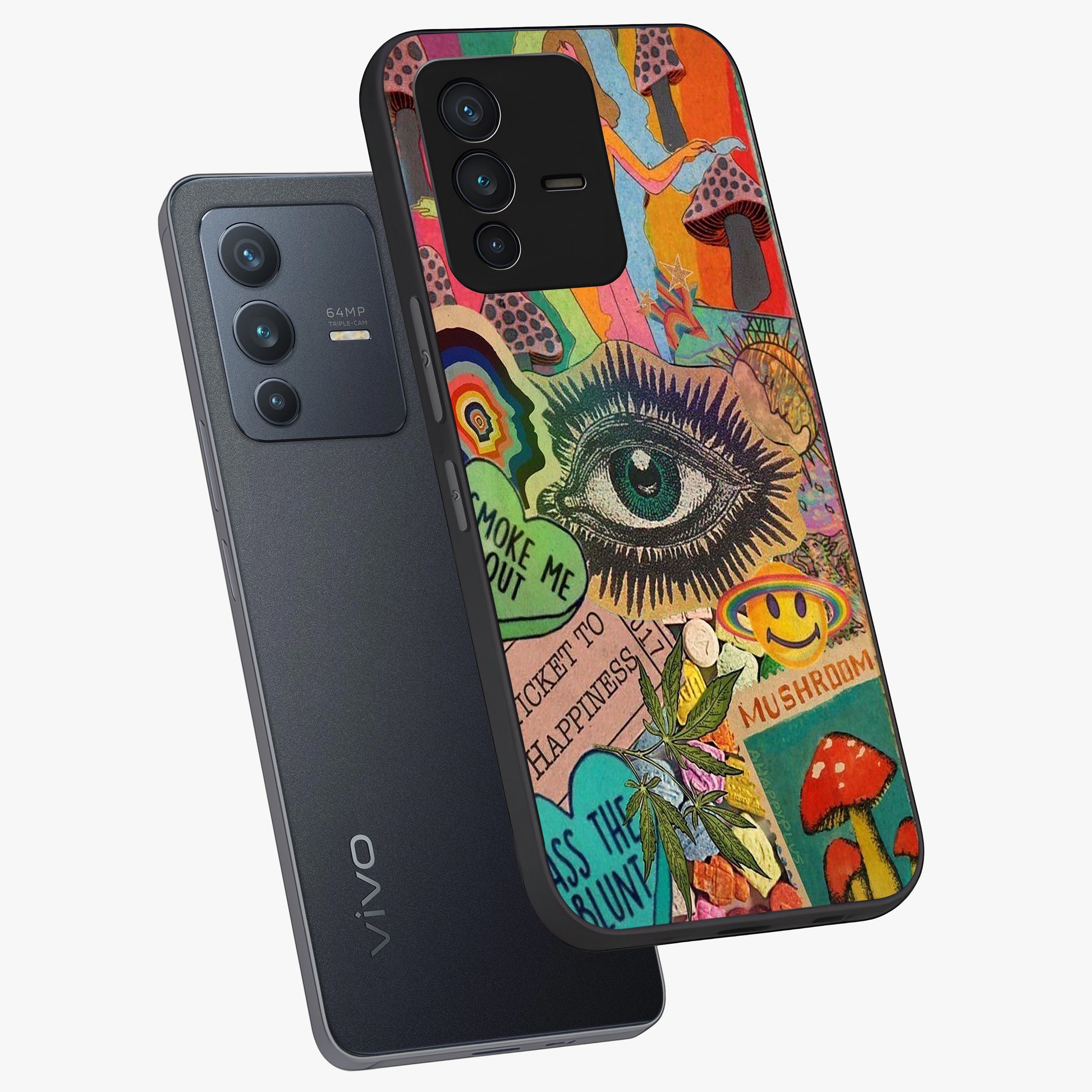 Mystic Eye Wonderland Glass Case displayed in angled mockup highlighting magical eye illustration with dreamy aesthetic.