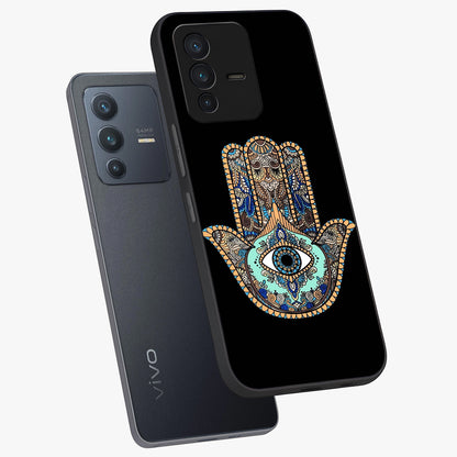 Mystic Hamsa Eye Glass Case displayed in angled mockup highlighting spiritual hamsa symbol with mystical aesthetic style.