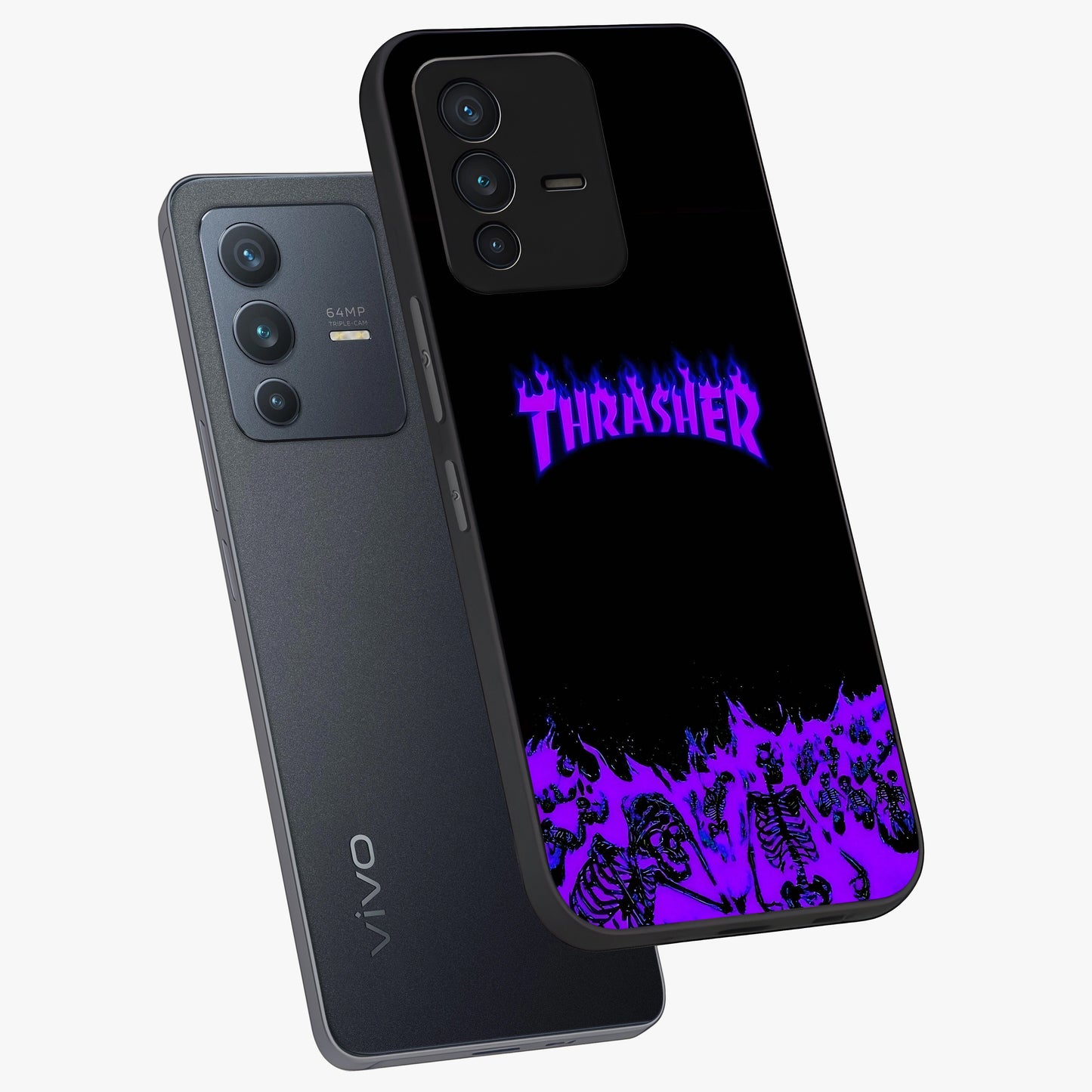 Neon Flame Riot Glass Case displayed in angled mockup highlighting glowing flame design with vibrant neon aesthetic.