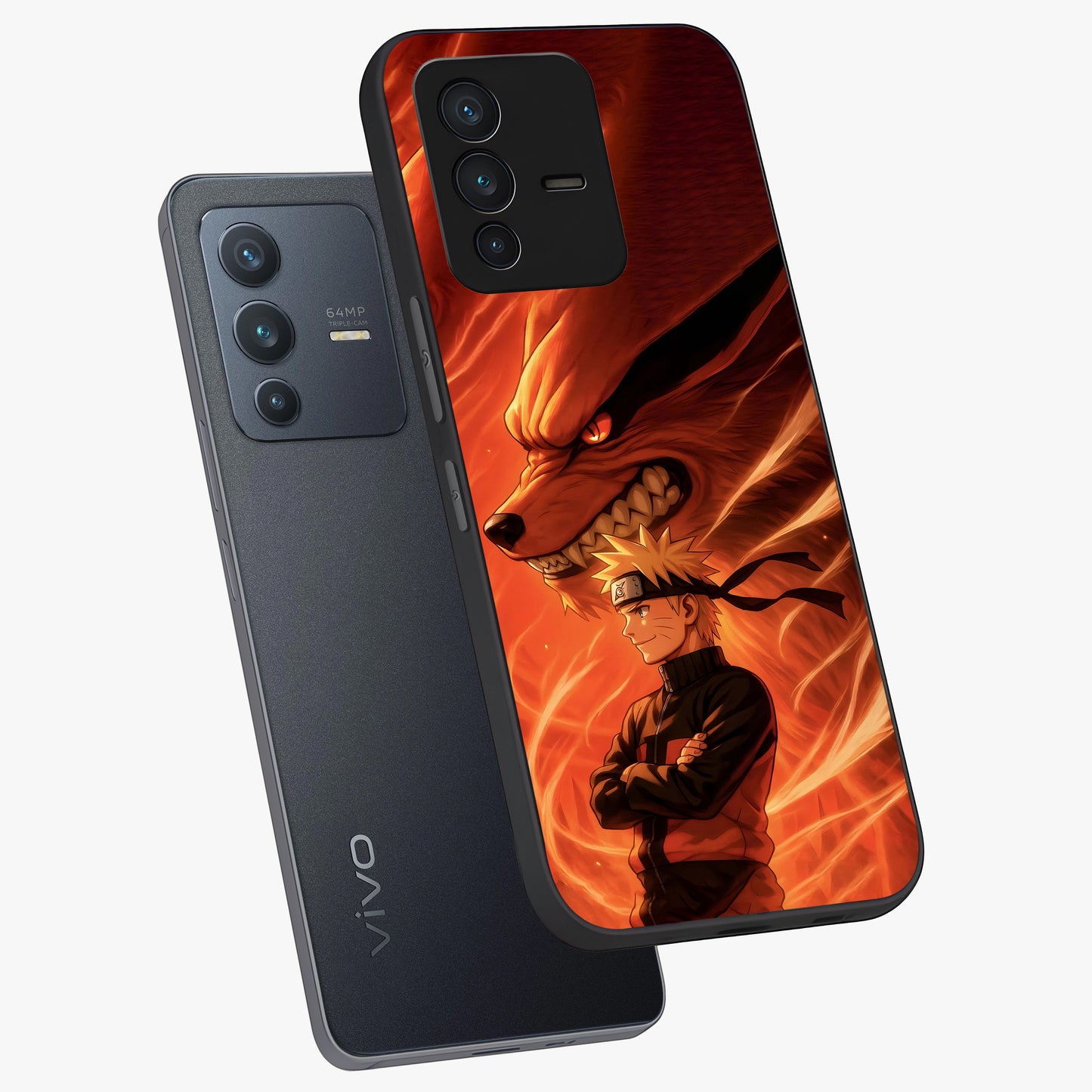 Nine Tails Legacy Glass Case displayed in angled mockup highlighting dynamic anime beast illustration with bold mystical aesthetic.