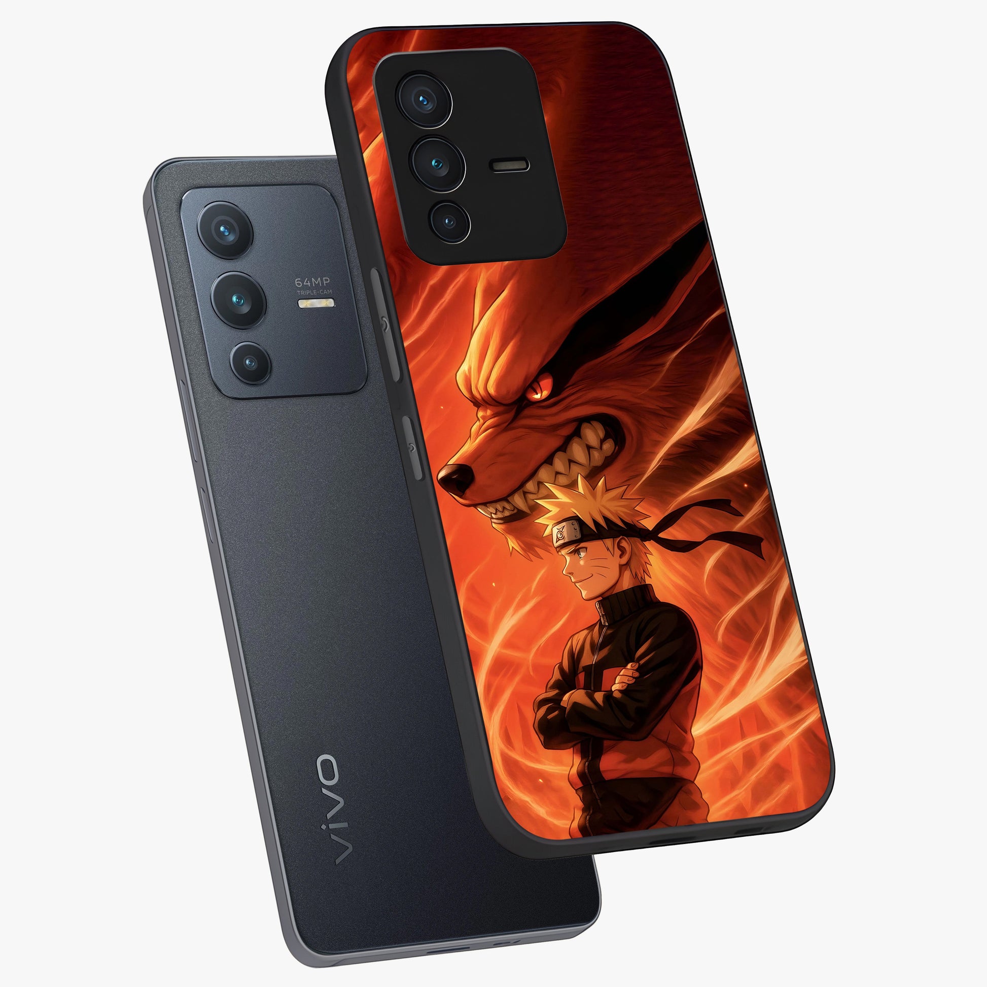 Nine Tails Legacy Glass Case displayed in angled mockup highlighting dynamic anime beast illustration with bold mystical aesthetic.
