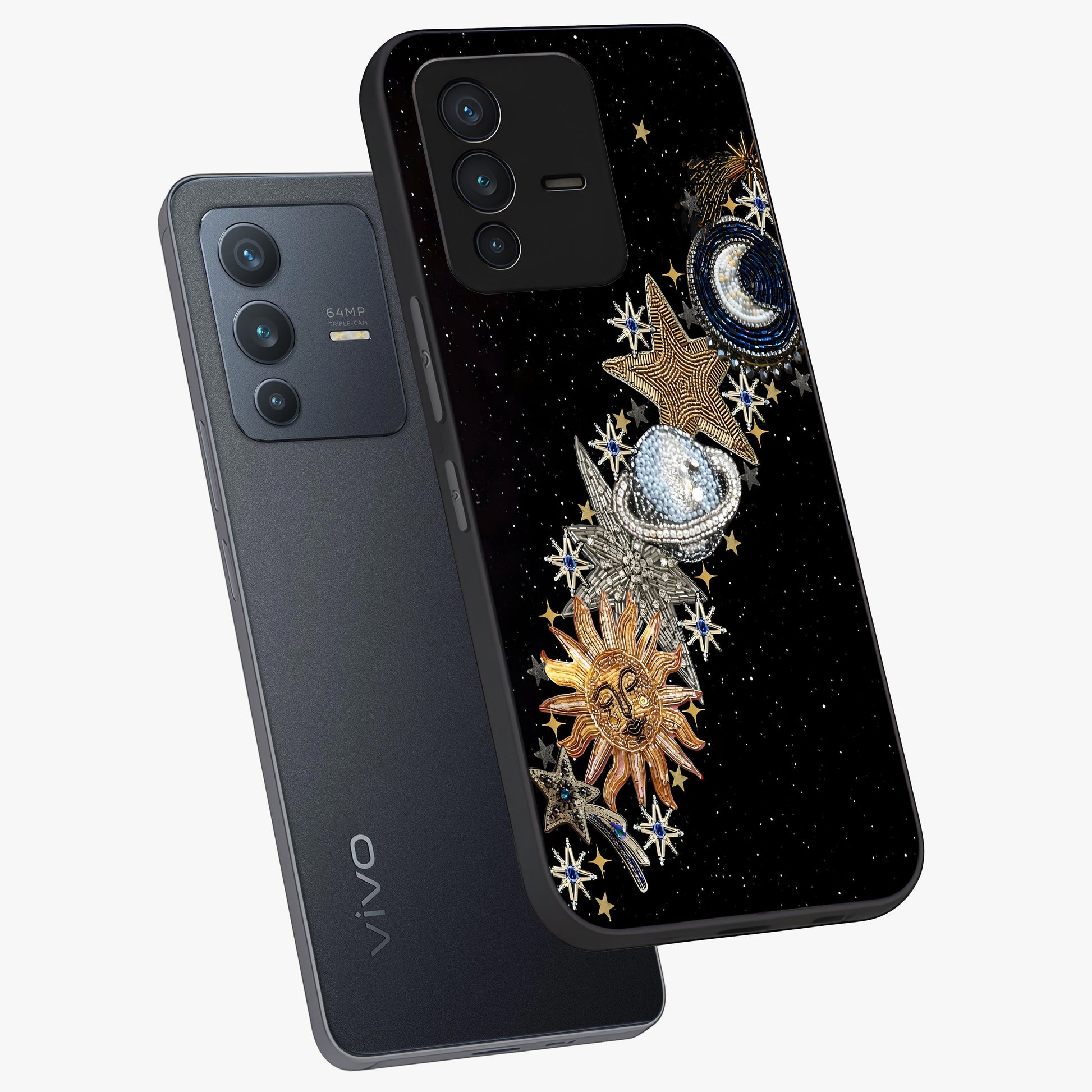 Pearls Universe Object Glass Case displayed in angled mockup highlighting celestial pearl design with dreamy aesthetic.