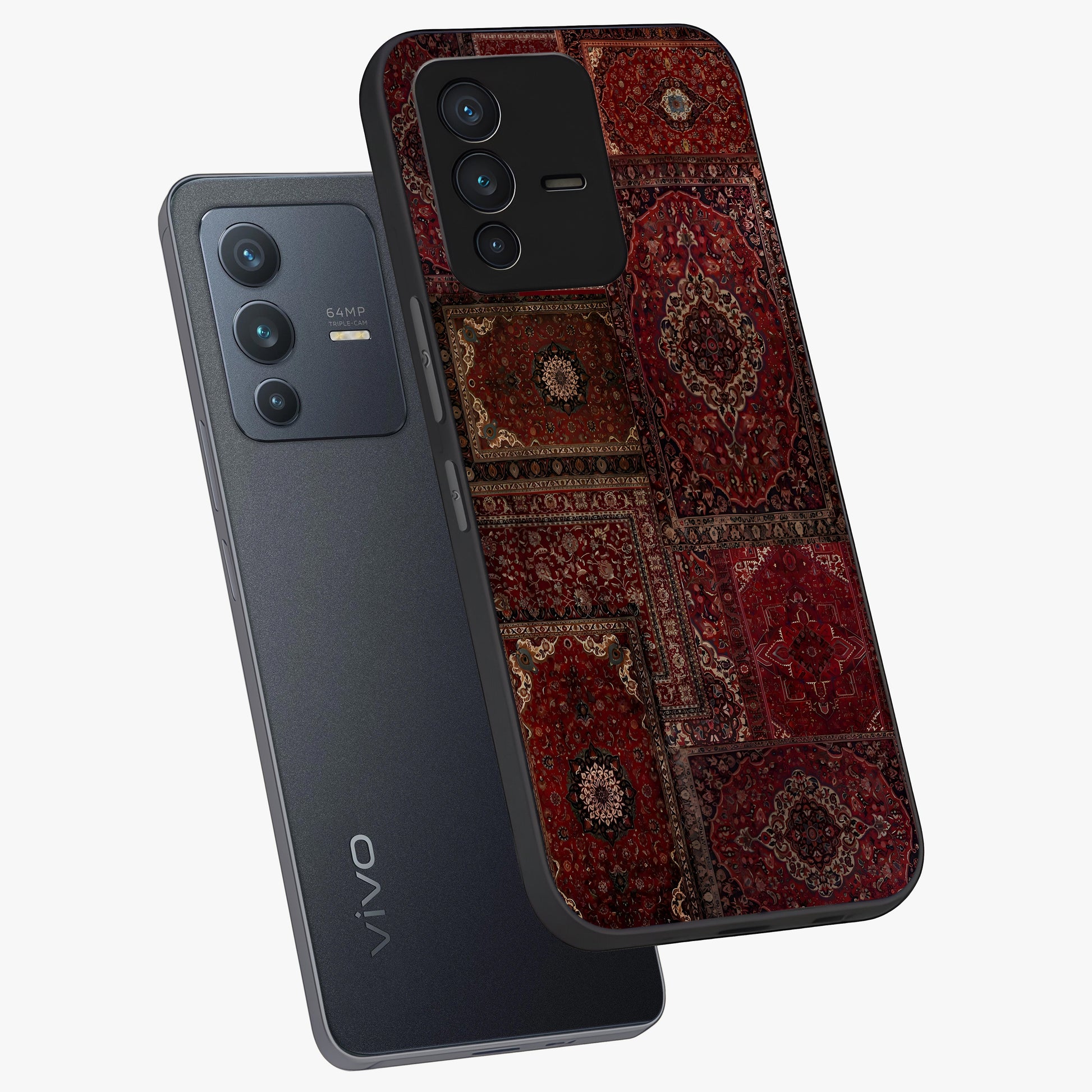 Persian Velvet Tale Glass Case displayed in angled mockup highlighting ornate textile inspired design with royal aesthetic.