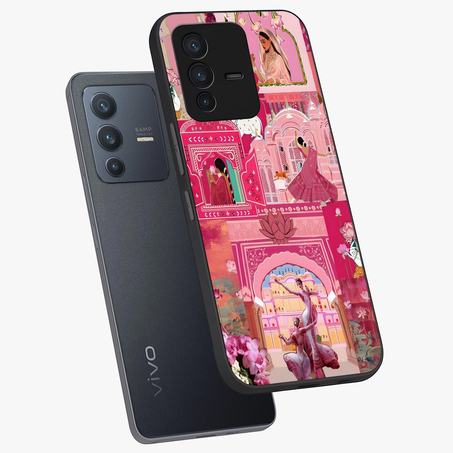 Pink Palace Muse Glass Case displayed in angled mockup highlighting dreamy palace illustration with soft pink aesthetic.