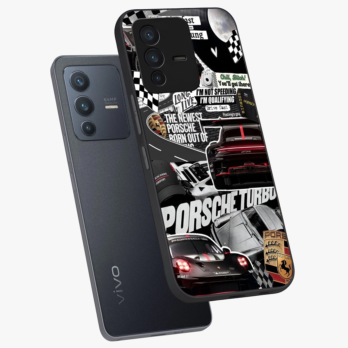 Porsche Racing Collage Glass Case displayed in angled mockup highlighting dynamic automotive design with bold racing aesthetic.