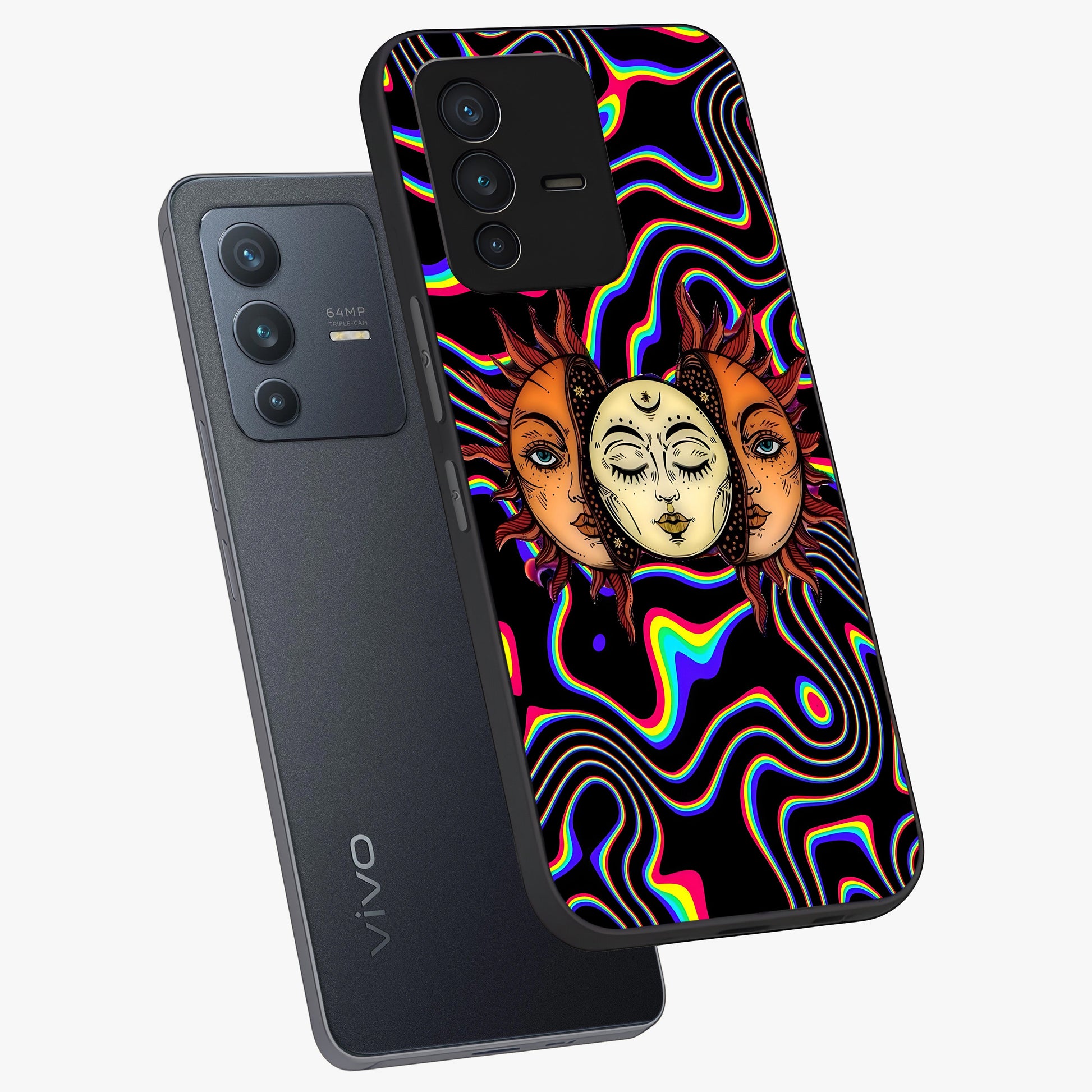 Psychedelic Sun Glass Case displayed in angled mockup highlighting vibrant abstract sun design with artistic aesthetic style.