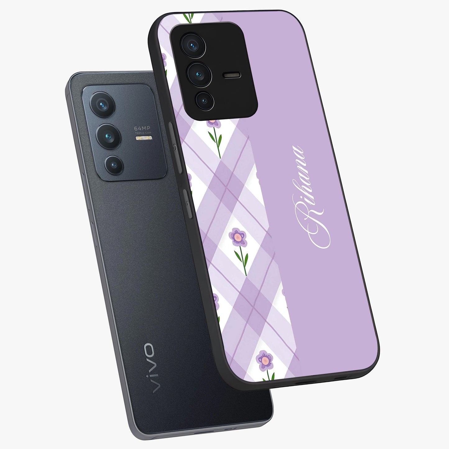 Purple Diamond Floral Glass Case displayed in angled mockup highlighting elegant purple flower design with decorative pattern.
