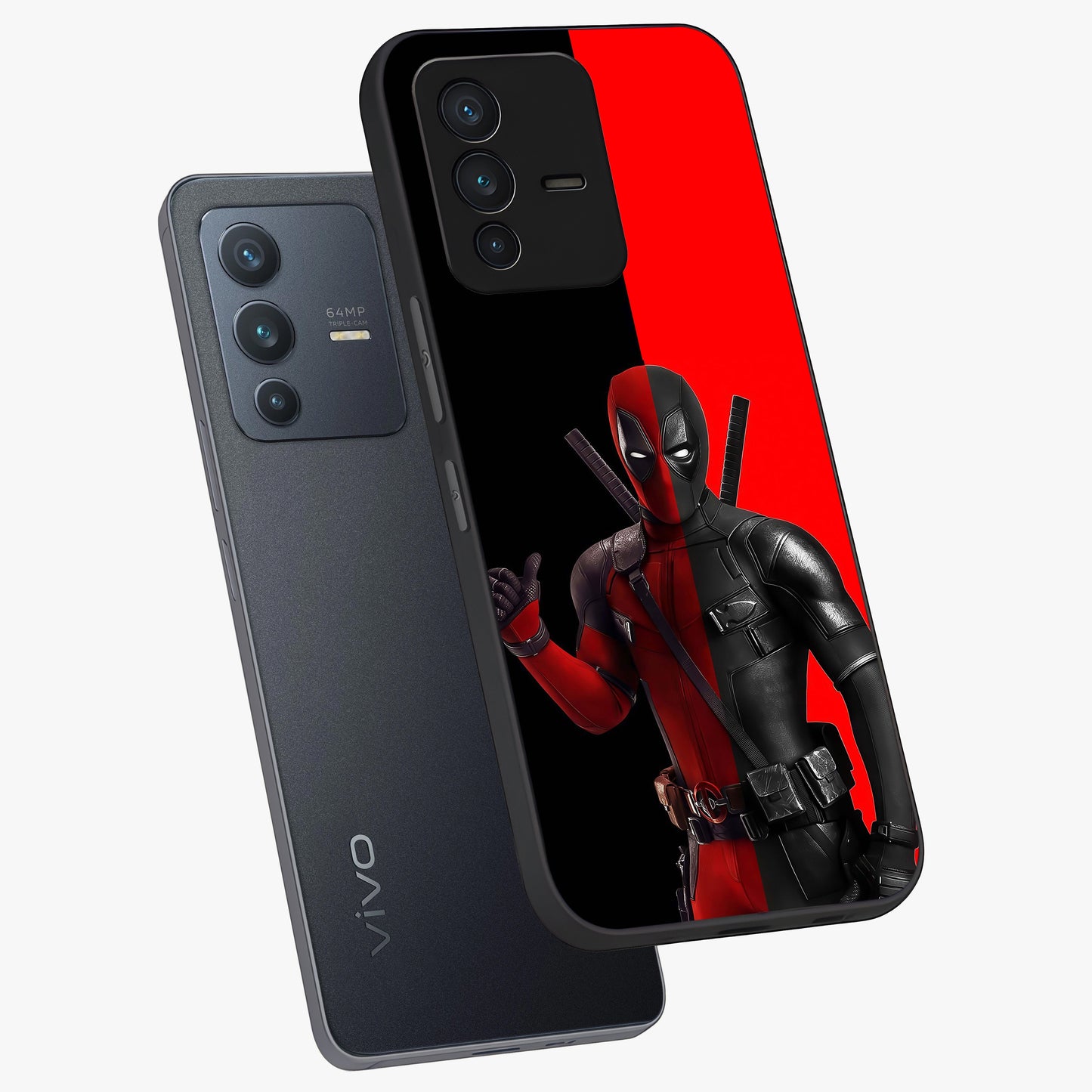 Red & Black Deadpool Theme Glass Case displayed in angled mockup highlighting vibrant superhero style illustration with action aesthetic.