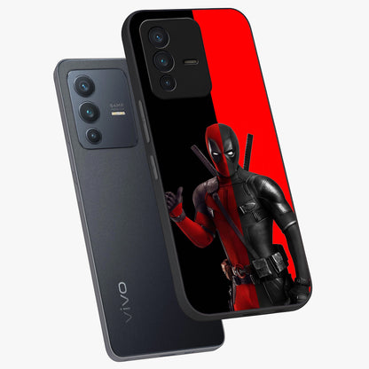 Red & Black Deadpool Theme Glass Case displayed in angled mockup highlighting vibrant superhero style illustration with action aesthetic.
