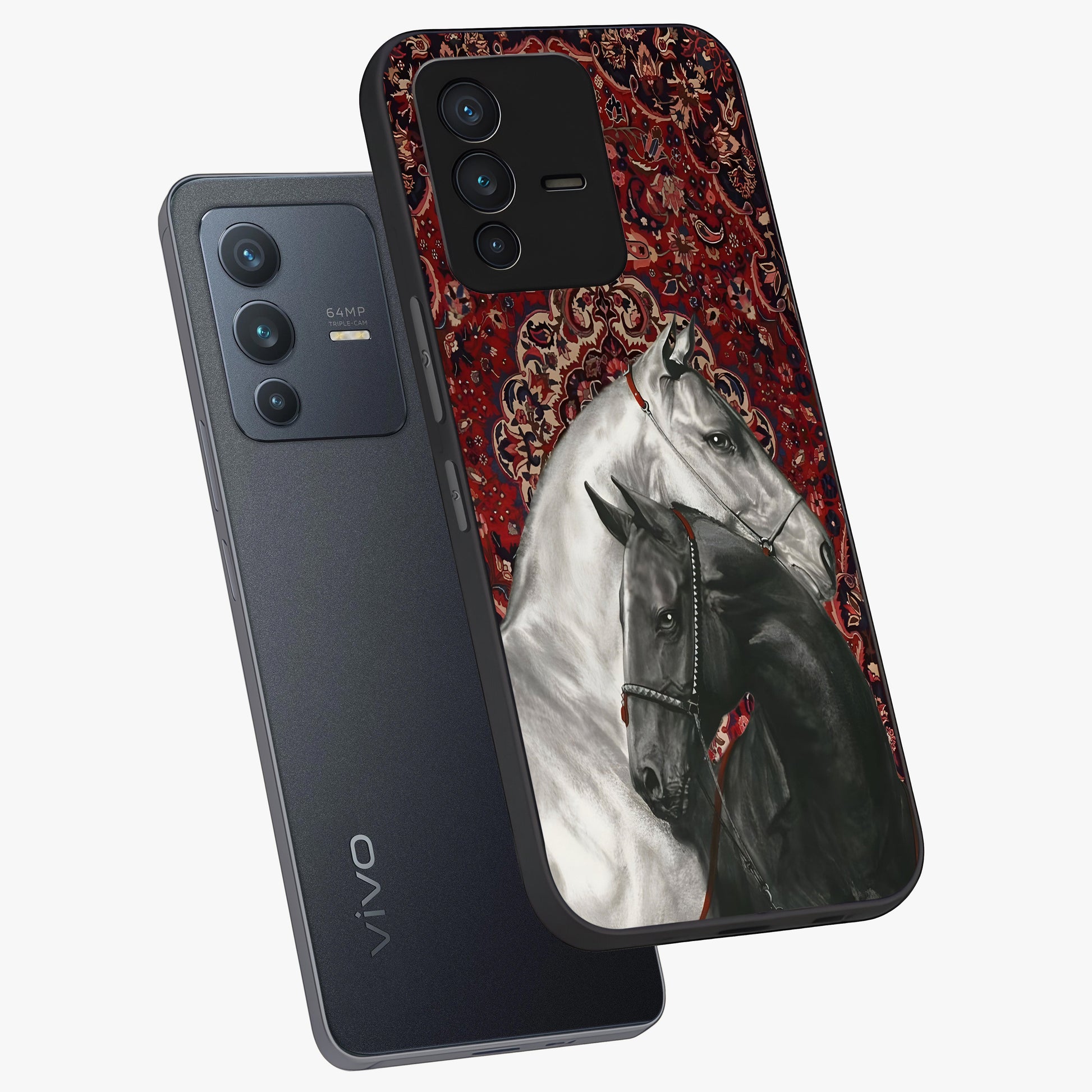 Regal Stallion Tapestry Glass Case displayed in angled mockup highlighting royal stallion design with decorative heritage aesthetic.