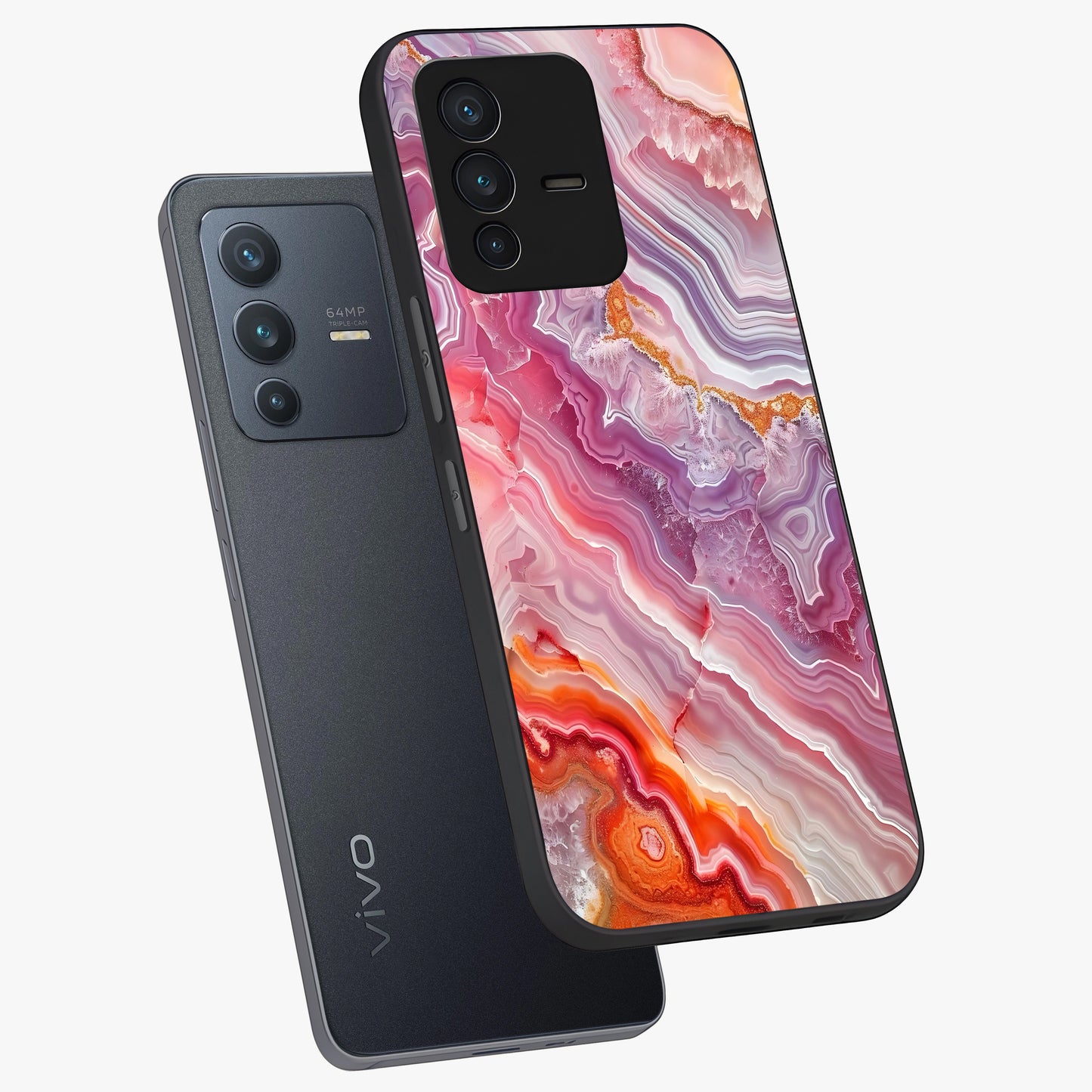 Rose Quartz Marble Glass Case displayed in angled mockup highlighting elegant marble pattern with soft aesthetic style.