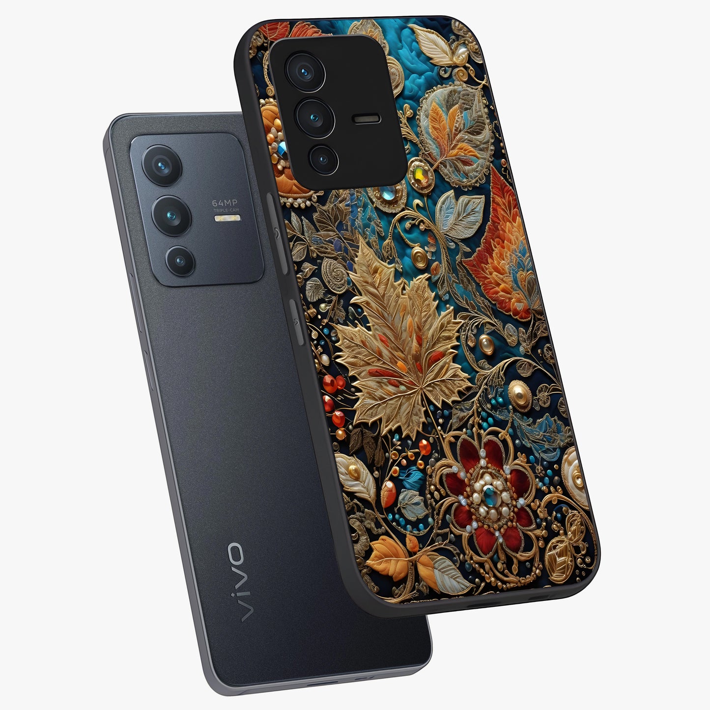 Royal Jewel Garden Glass Case displayed in angled mockup highlighting vibrant jewel inspired floral design with elegant aesthetic.