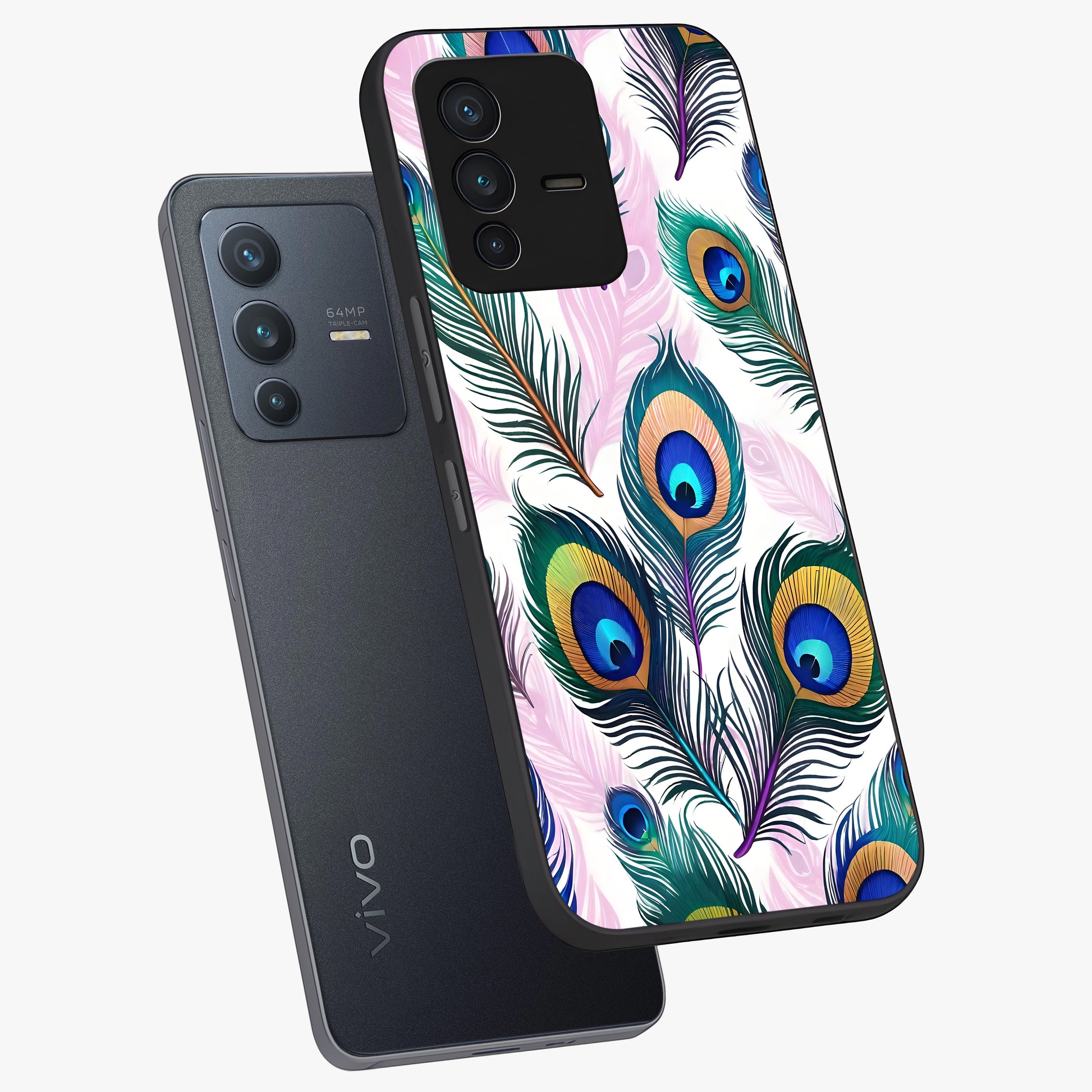 Royal Peacock Feathers Glass Case displayed in angled mockup highlighting vibrant feather pattern with regal aesthetic style.