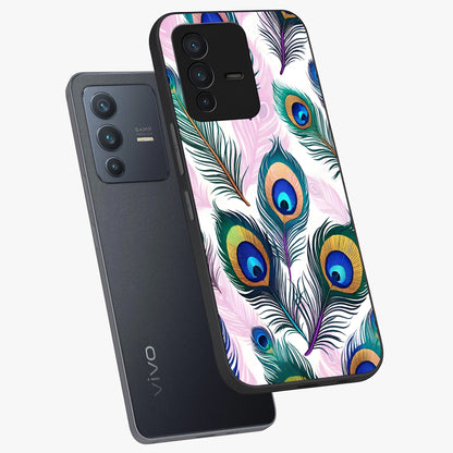 Royal Peacock Feathers Glass Case displayed in angled mockup highlighting vibrant feather pattern with regal aesthetic style.